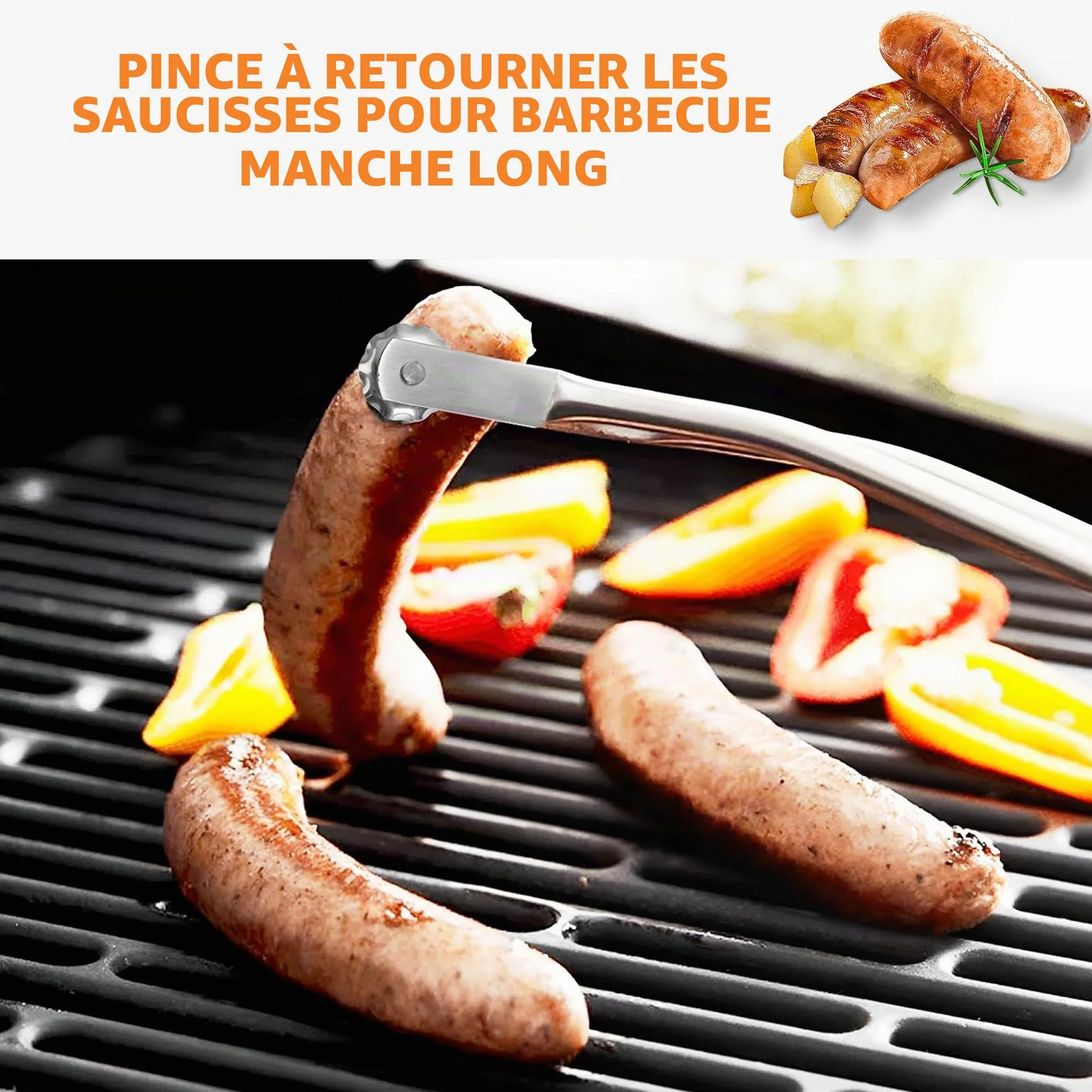 Hysenm Lot de 2 pinces à saucisses BBQ en acier inoxydable à long manche pour griller et retourner