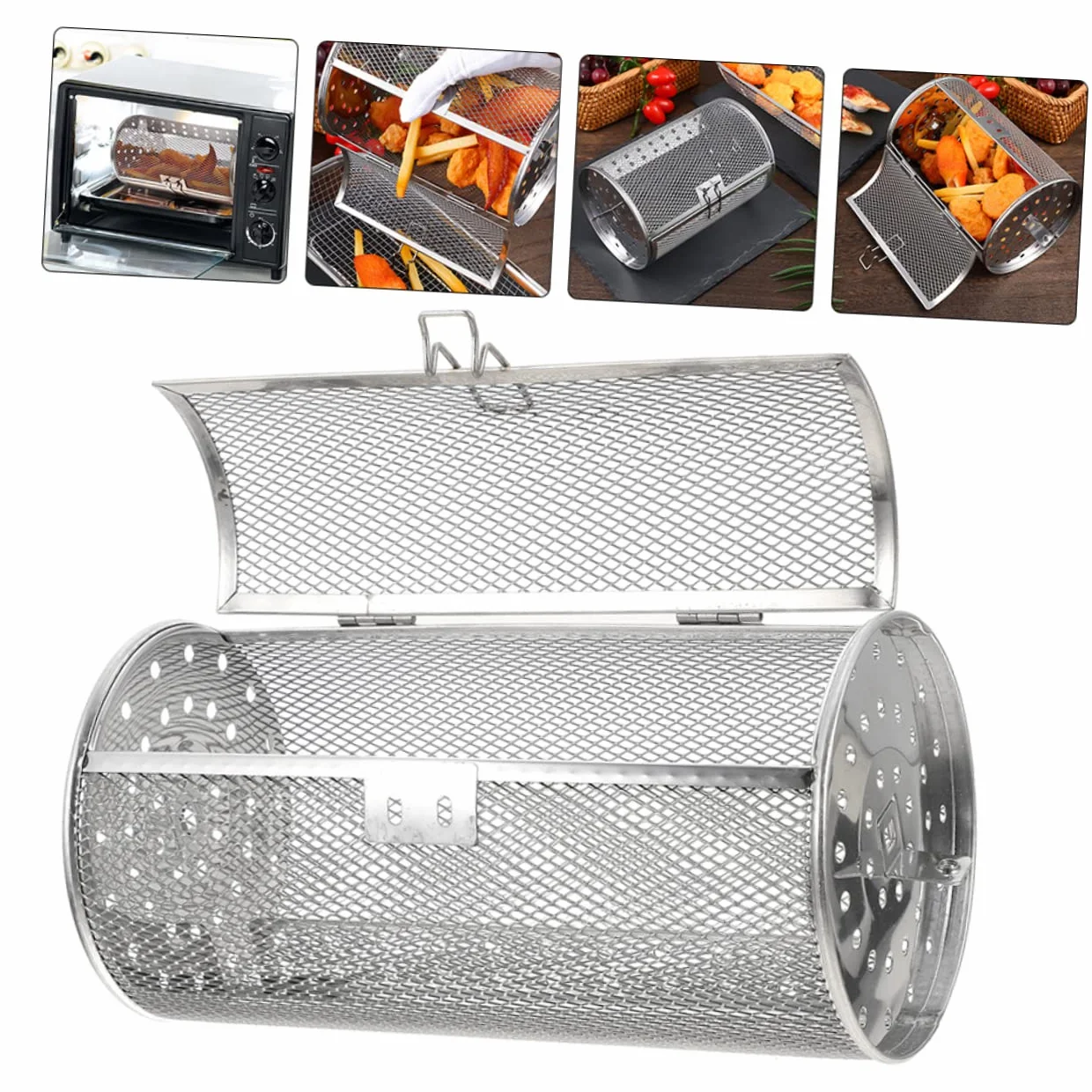 Yardwe Panier De Four À Tambour En Acier Inoxydable 25X14X14Cm Cage De Rôtissoire Rotative Accessoire De Cuisson Pour Barbecue Et Friteuse À Air