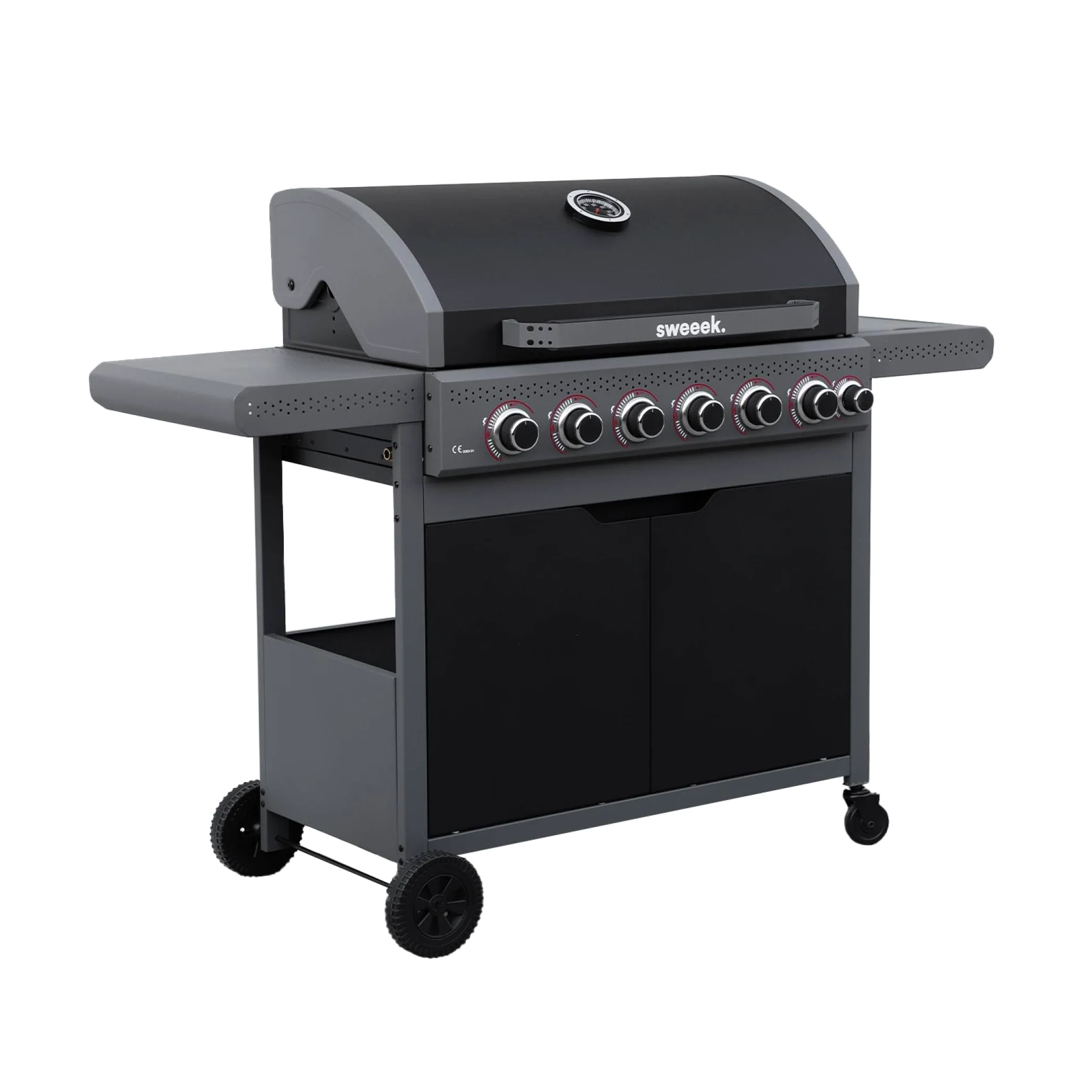 sweeek - Barbecue au gaz Edmond noir - 6 brûleurs + 1 feu latéral. avec thermomètre. L 132x P62 x H143 cm