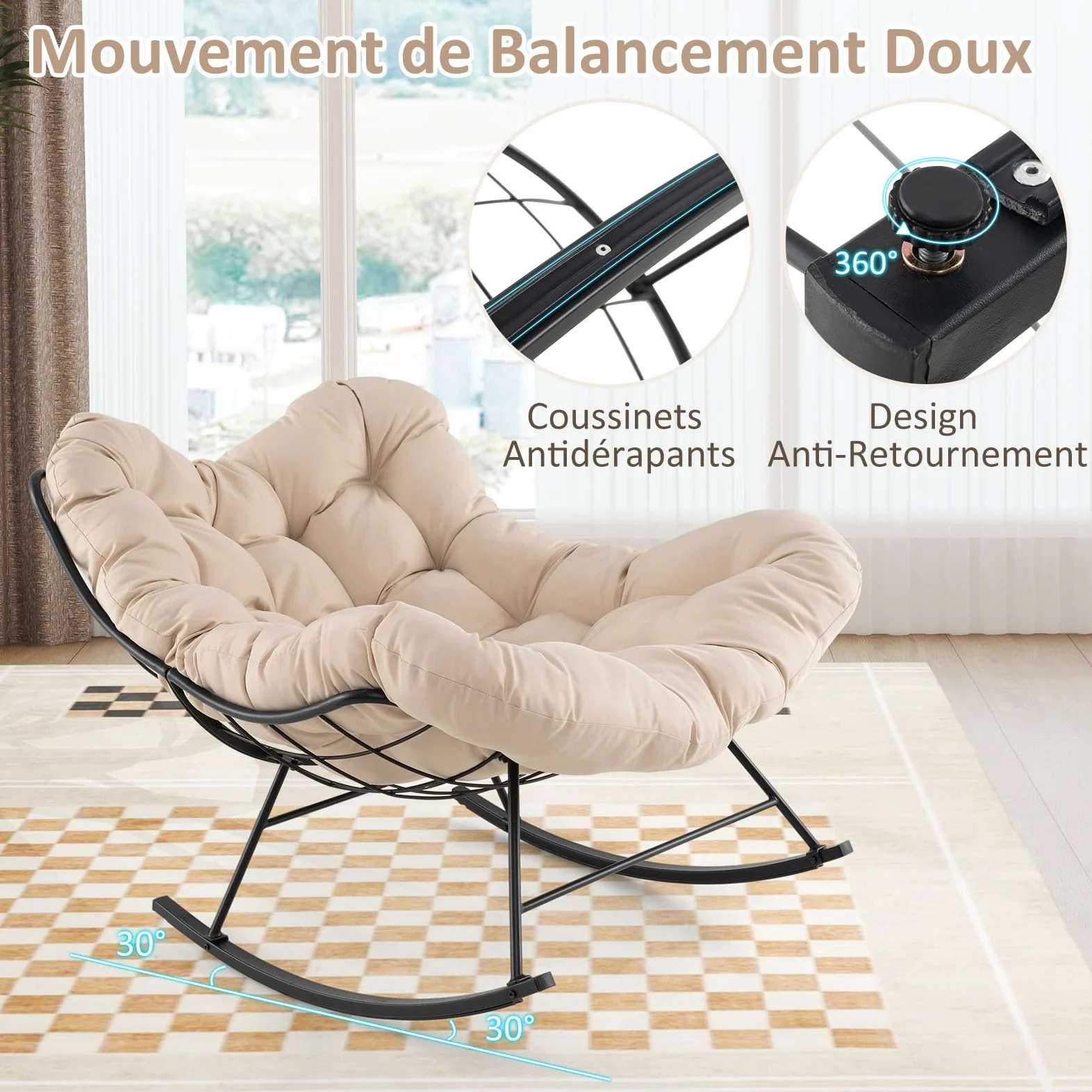 RELAX4LIFE Fauteuil à Bascule de Jardin, Chaise Papasan avec Coussin et Cadre en Métal pour Intérieur et Extérieur, Charge 205KG pour Chambre Salon Porche Jardin Terrasse (Beige)