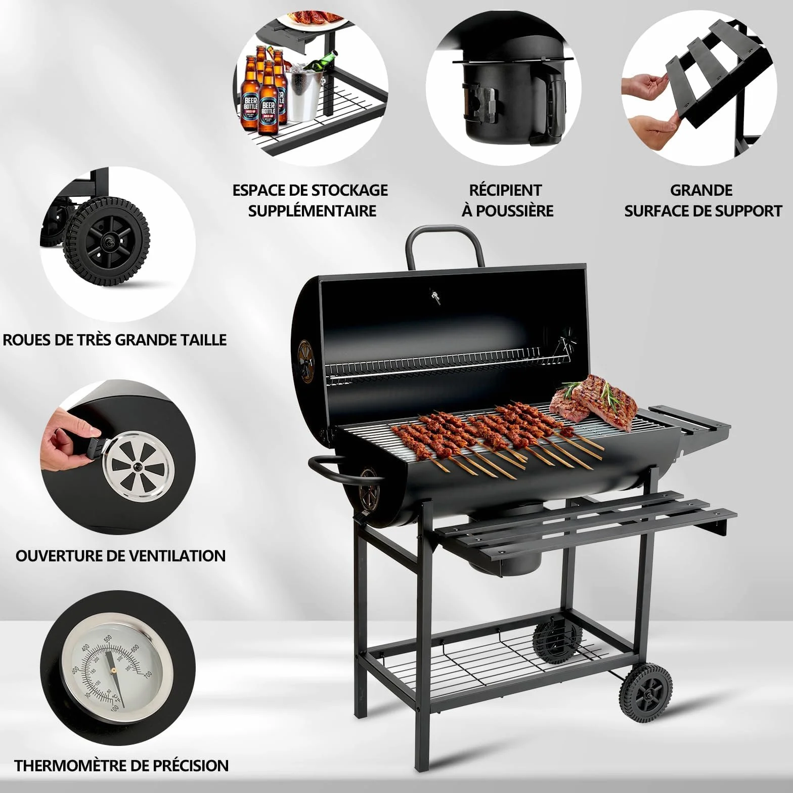 TEENO Barbecue au Charbon de Bois XXL avec Grille de Cuisson, Gants Anti-Brûlures, Thermomètre