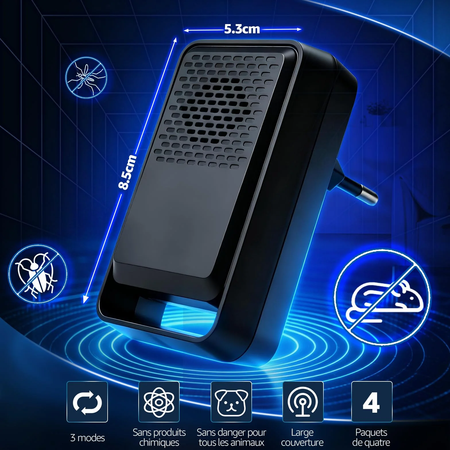 Ultrason Souris et Rats 4 Pack-Puissant Ultrasonique Contre Les Nuisibles-3 Modes Repulsif Souris-Anti Souris Rats Rongeurs Araignée Moustiques Cafards & Pects(Noir)