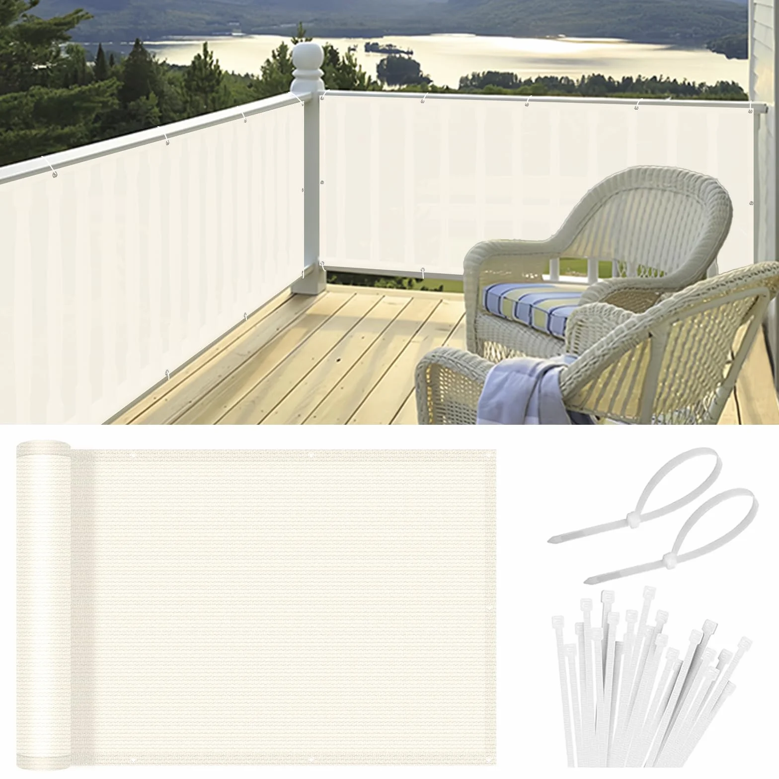 HENG FENG Brise Vue pour Balcon 1x5m,HDPE Cache Balcon,Protection 95% UV, Résistant aux Déchirures et au Vent, avec Attaches de Câble, Crème