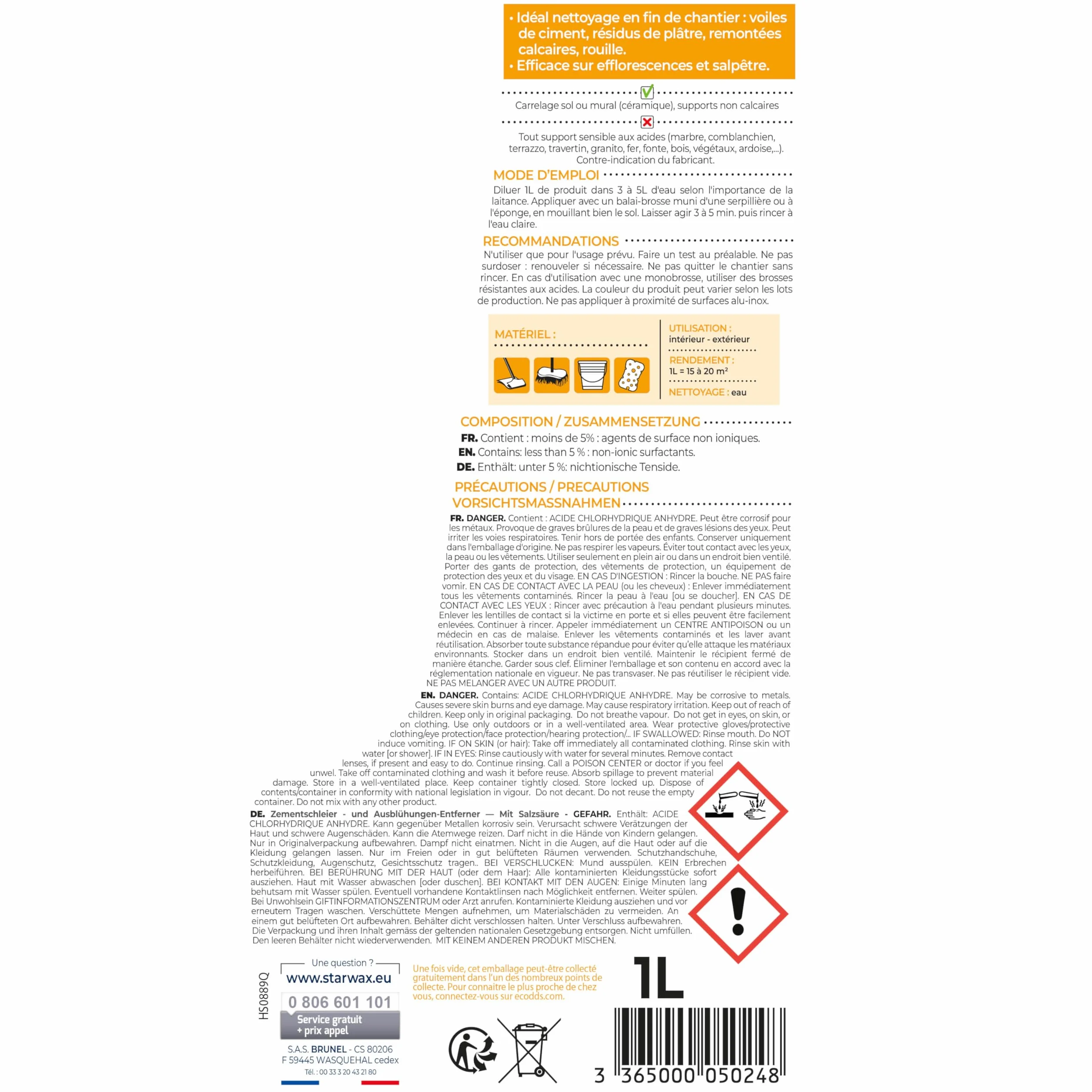 STARWAX Décapant Laitance de Ciment à l’Acide Chlorhydrique 1 L