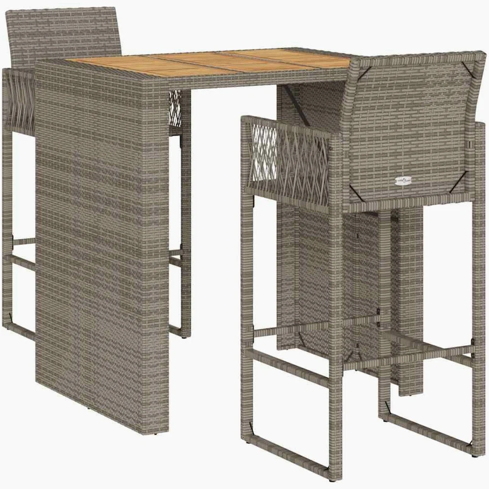 vidaXL Ensemble de Bar de Jardin 3 pcs sans Coussins Gris Poly rotin, Ensemble de Table de Bar, Table et Chaise de Bar, Ensemble Table de Bar et Tabouret