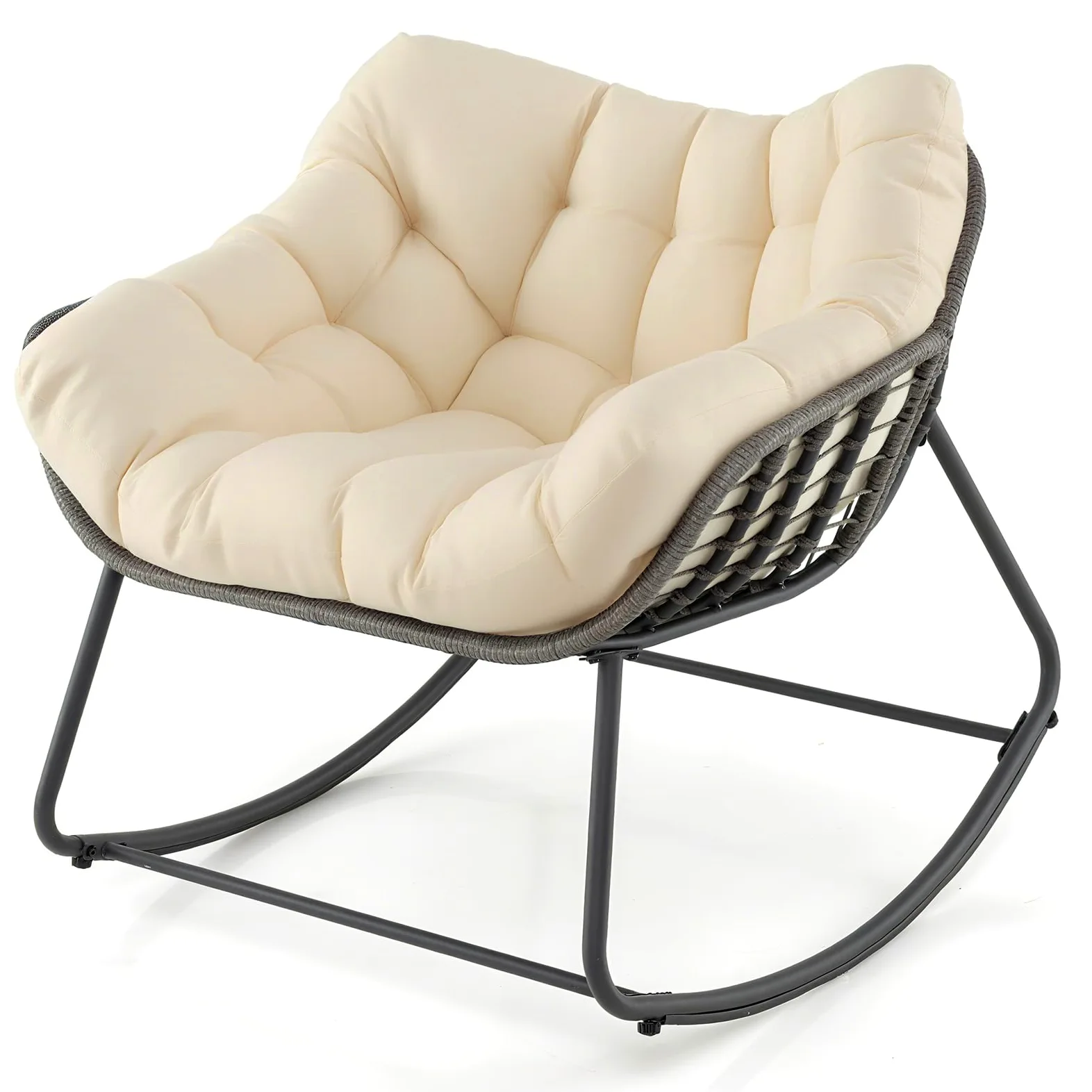 LIFEZEAL Fauteuil à Bascule de Jardin, en rotin, avec Coussin rembourré, Fauteuil de Lecture pour Balcon, véranda, Salon et terrasse (Beige)