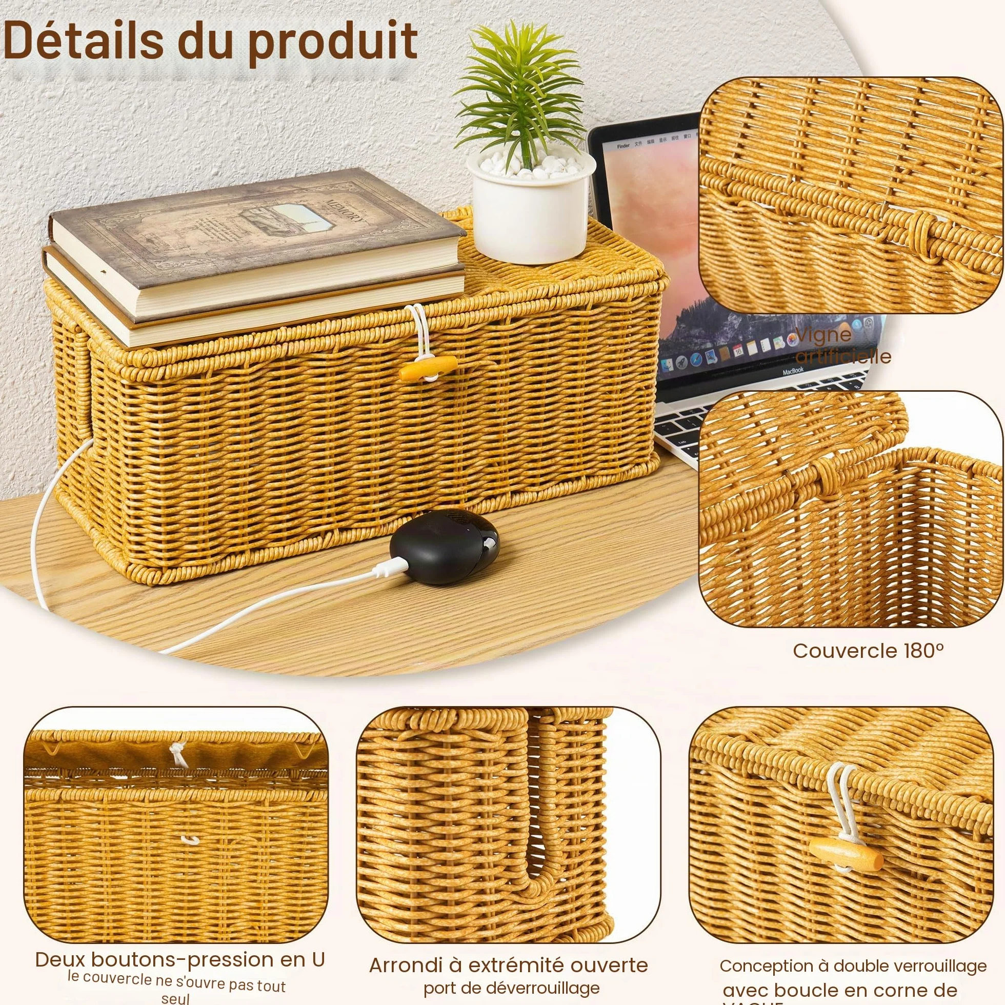 Gucass Lot de 2 Boîte Rangement Câble avec Couvercle, Boîte Organisation Câbles Rotin, Multiprise Cacher Câbles Grande Moyenne