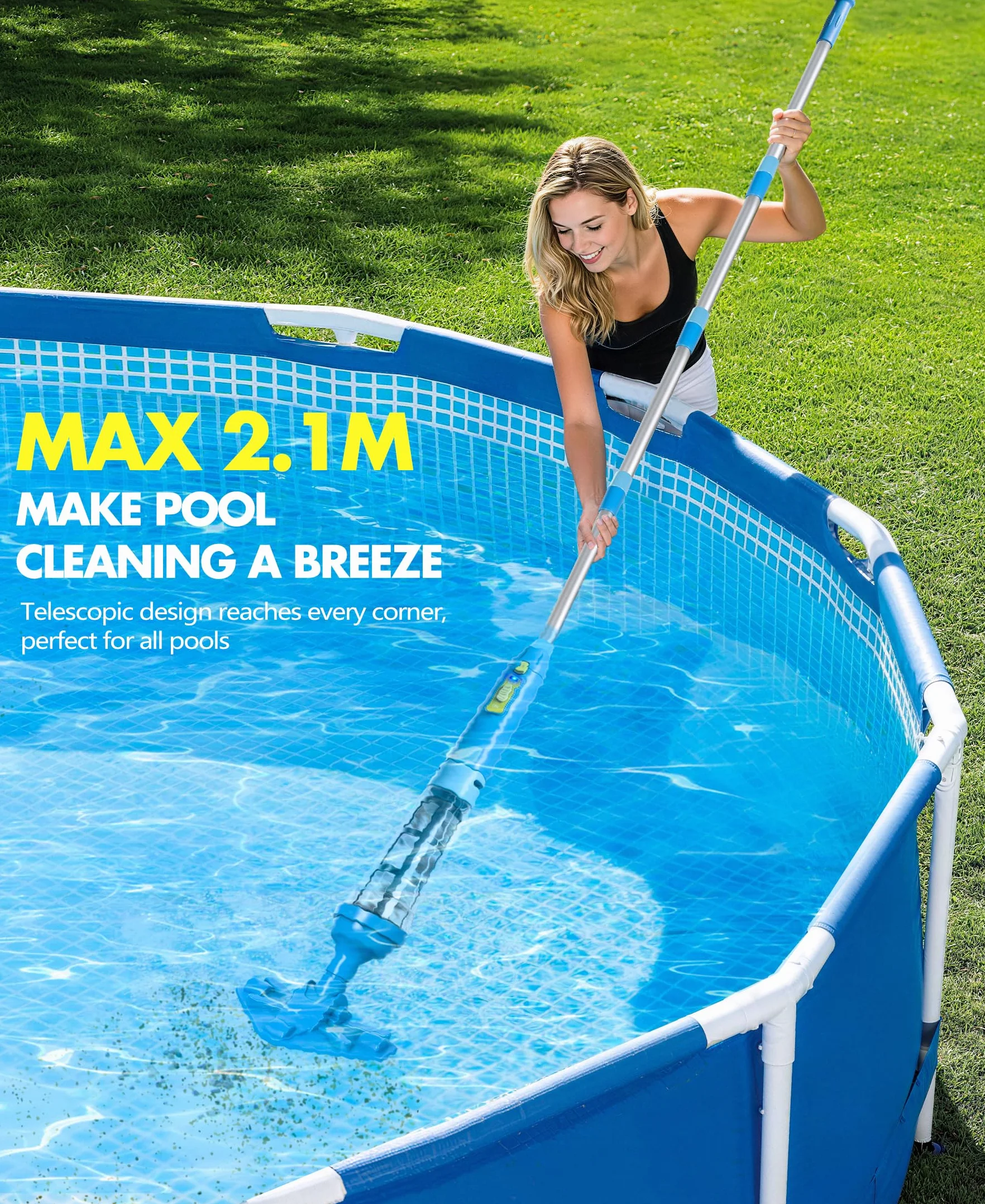 LanBlu Aspirateur Piscine sans Fil avec Perche Rétractable, 60L/Min Aspirateur Spa Manuel Durée de Fonctionnement Jusqu'à 90 Minutes, 5200mAh Portable Rechargeable Balai Aspirateurs Piscine Hors Sol