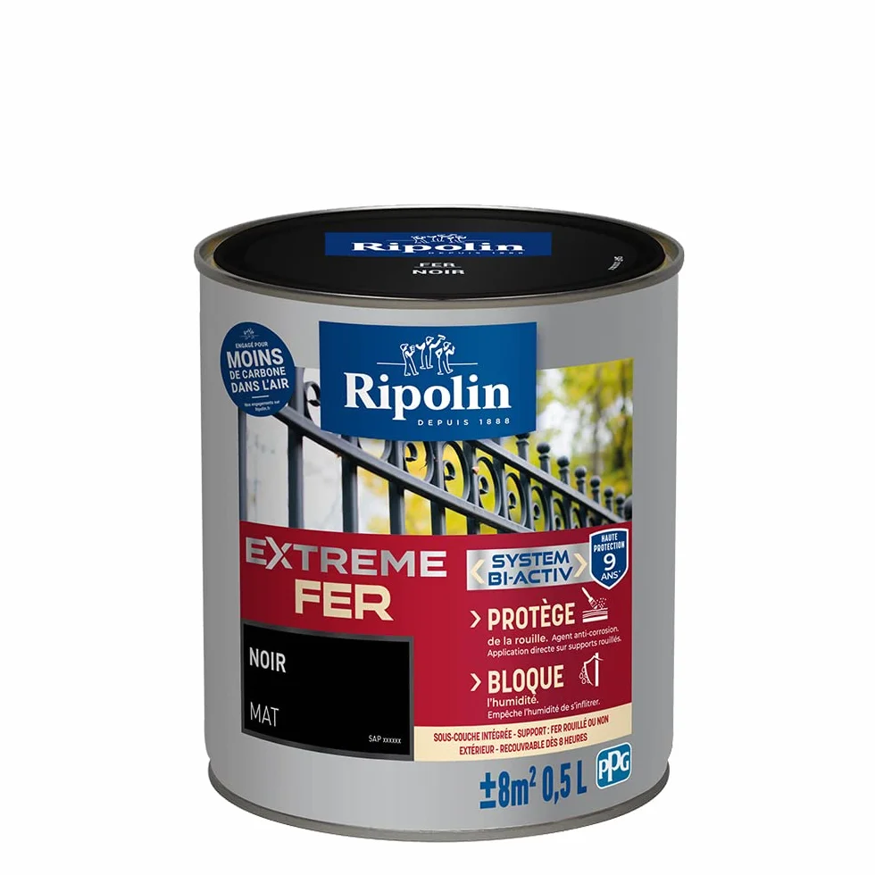 RIPOLIN Peinture pour Fer Extérieur Glycéro Antirouille Sous-couche intégrée Mat Noir 0,5L