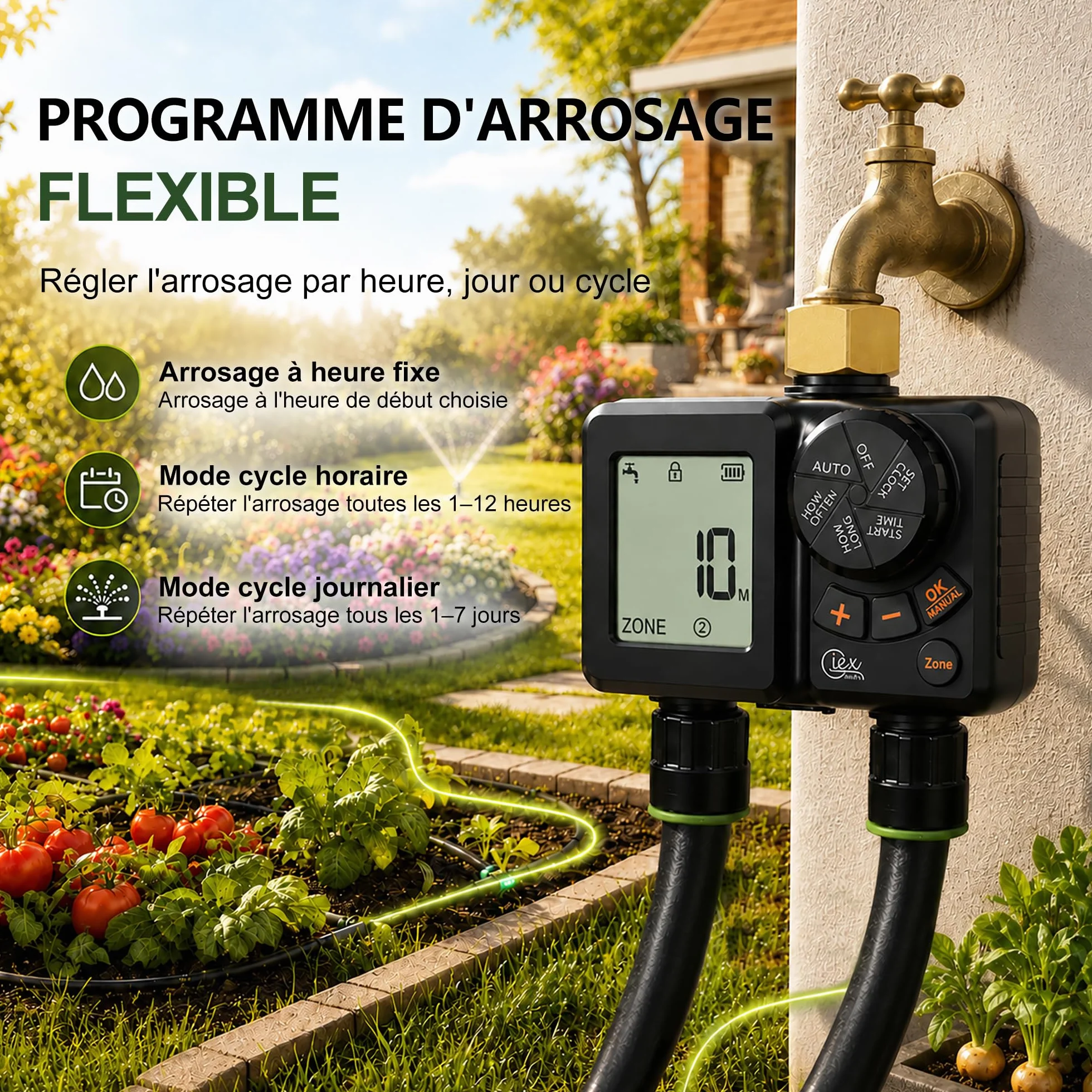 GIEX Ordinateur d'arrosage 2 voies, minuterie d'arrosage rechargeable 2 zones avec connecteur en laiton, minuterie d'eau programmable avec IP66, retard de pluie et irrigation manuelle pour jardin