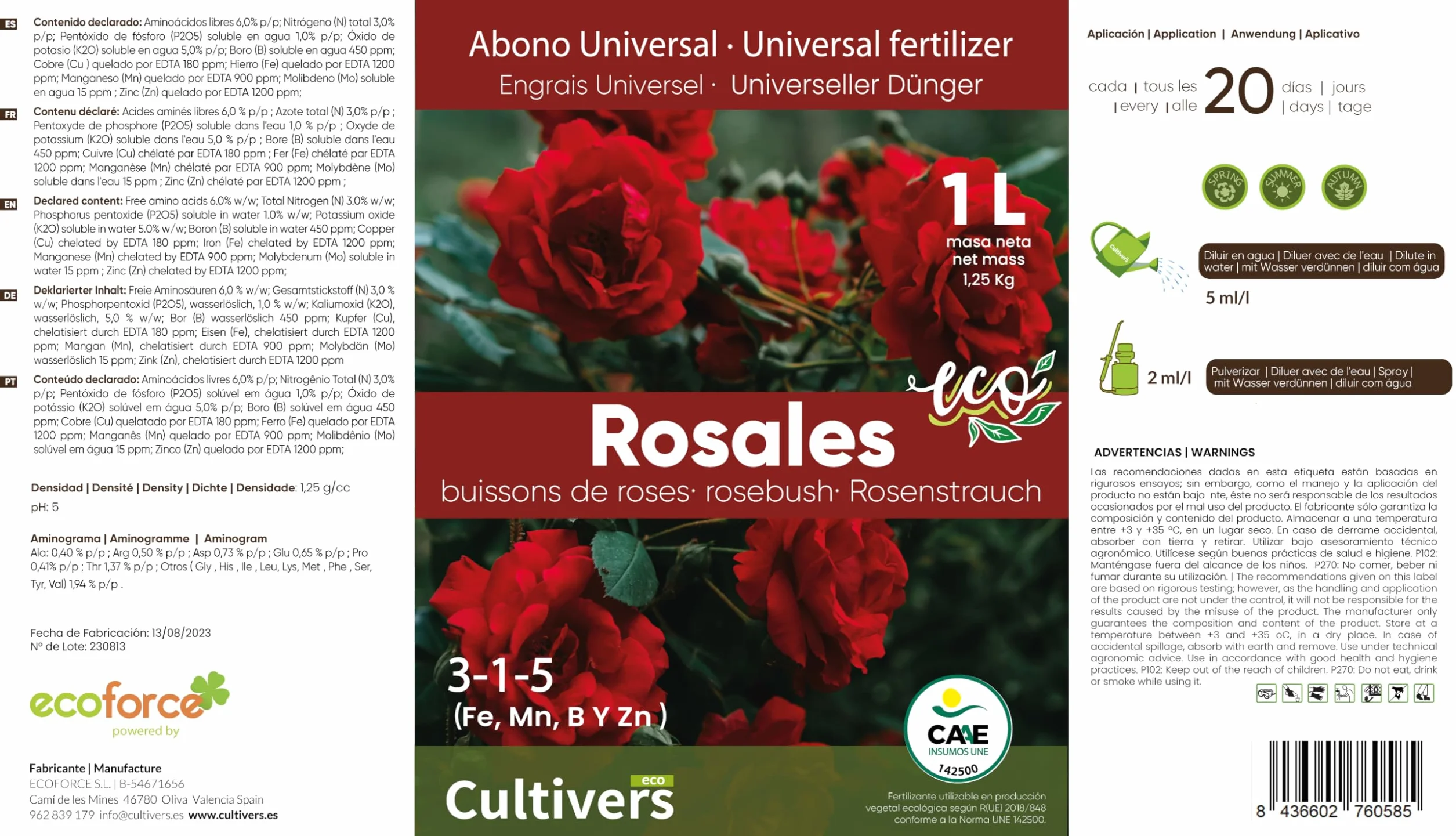 CULTIVERS Engrais Organique Rosales 1 L. Engrais Liquide. Feuilles Plus Vertes, Floraison Plus Importante et intensité de la Couleur avec des macronutriments et des micronutriments. 100% Bio