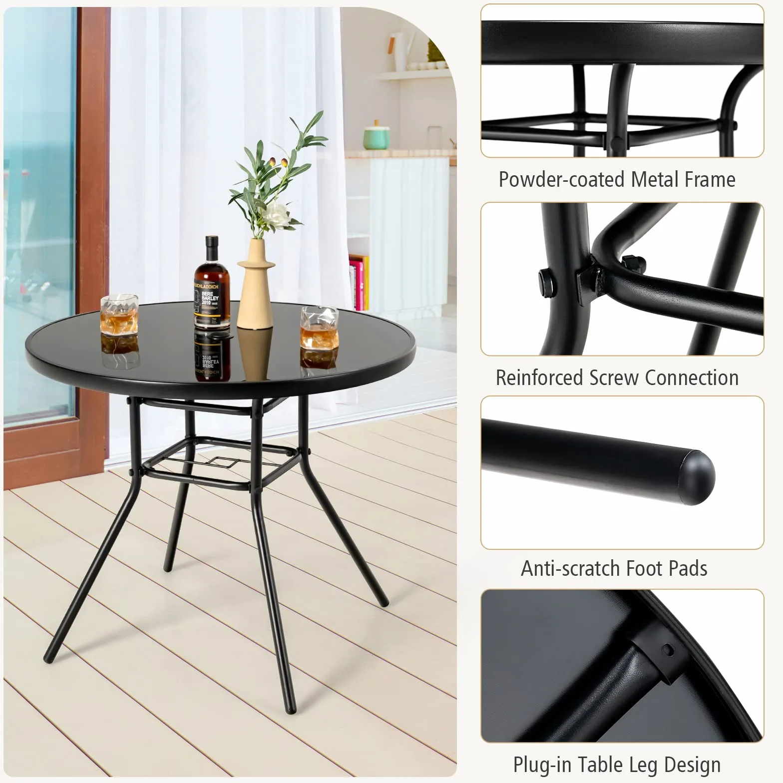 GIANTEX Table Bistrot 86 cm, Table à Manger de Jardin avec Trou pour Parasol de 3,5 cm, Plateau en Verre Sérigraphié, Cadre en Métal, Table d'Appoint Ronde, pour Jardin, Terrasse, Noir