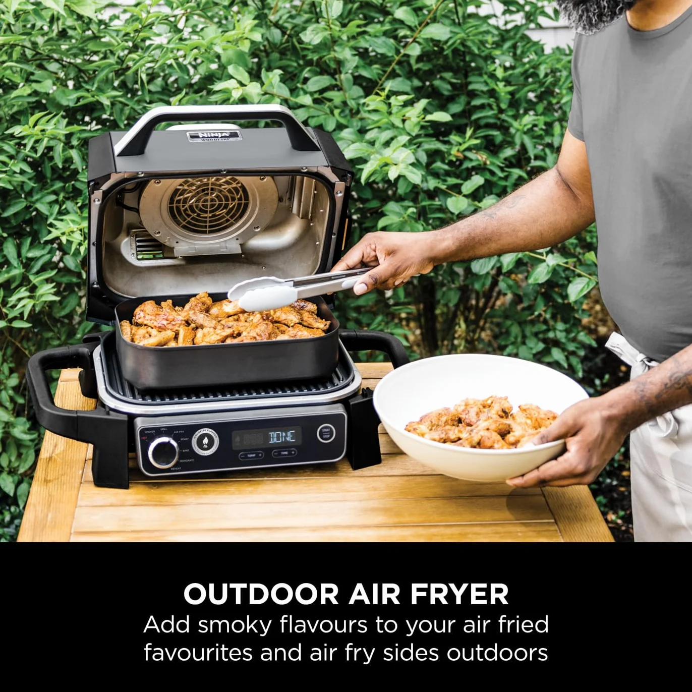 Ninja Woodfire Electric BBQ Grill & Smoker, 7-in-1 Outdoor Barbecue Grill & Air Fryer, Roast, Bake, Dehydrate, Uses Woodfire Pellets, Non-Stick, Portable, Gift for her / him, Grey/Black, OG701UK
