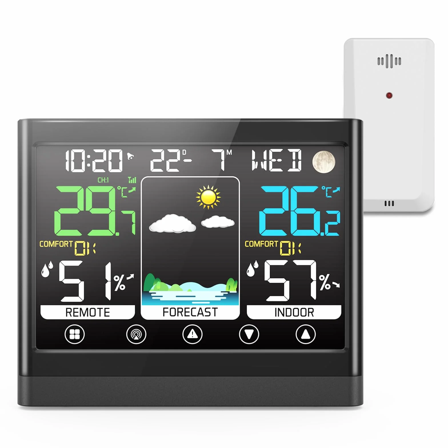 Station Météo Intérieur Extérieur Sans Fil avec Capteur Thermomètre Hygromètre LCD Écran Couleur Alerte Température Prévisions DCF Radio