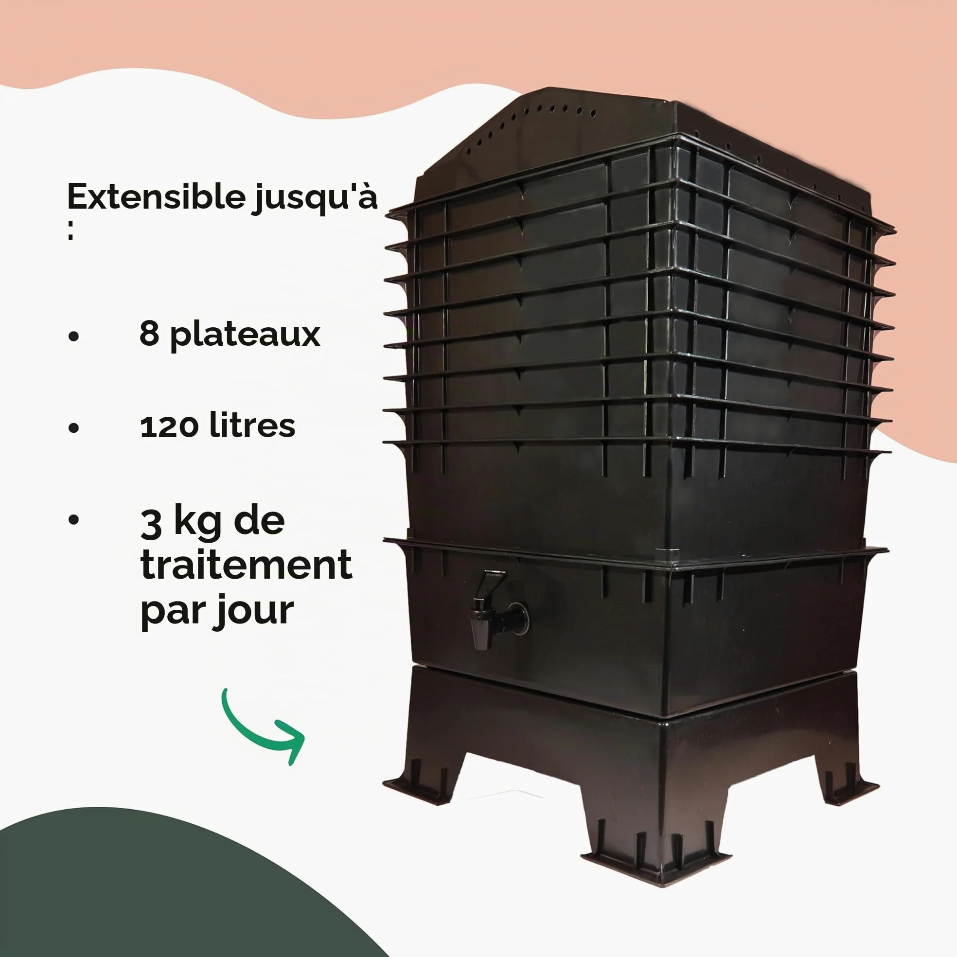 Lombricomposteur 4 Plateaux Kit Complet | 150gr de vers de Compost | Substrat de démarrage + Bloc de Coco + Accessoires | Intérieur, Balcon et Jardin (Noir)
