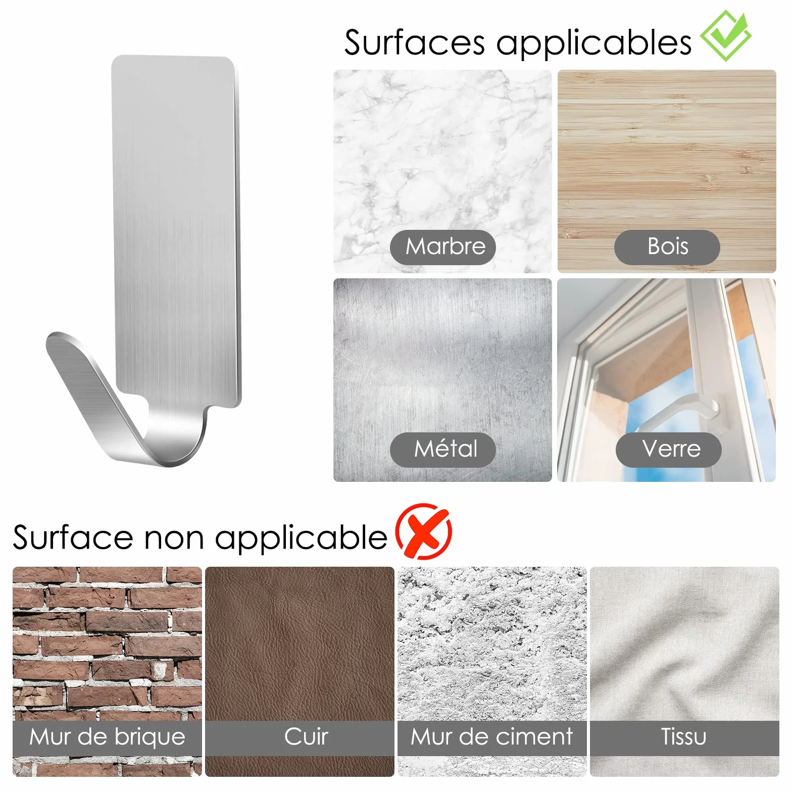 Crochet Adhesif Mural Acier Inoxydable 12 Pièces Sans Perçage pour Cuisine Salle de Bain