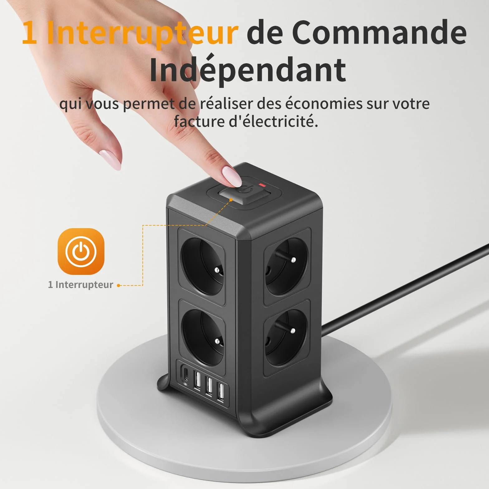 Multiprise 12 en 1 8 Prises 4 USB USB C Rallonge 2M 3680W Noir