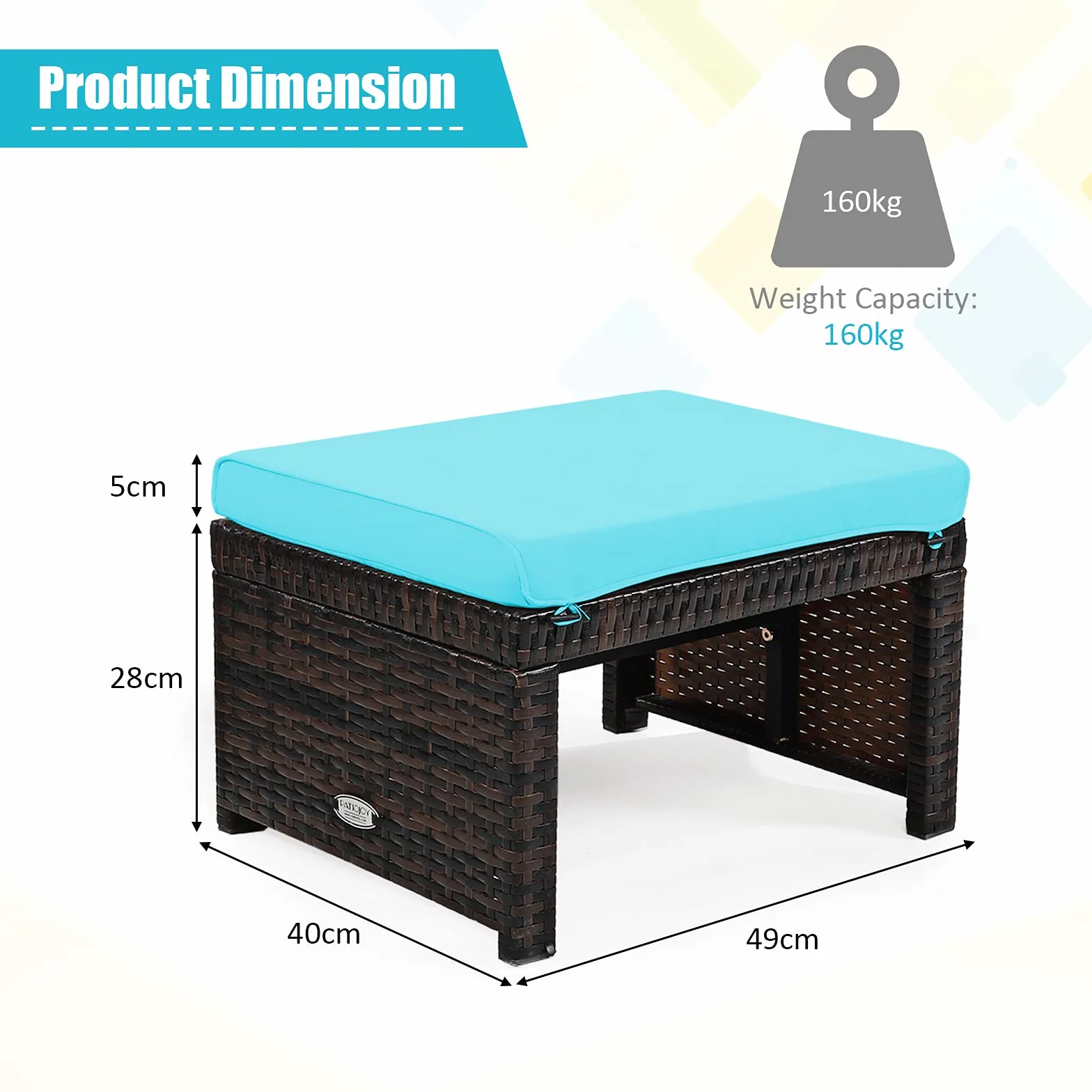 GIANTEX Lot de 2 Tabourets en Rotin de Jardin, Repose-Pieds pour Chaises Longues avec Coussin Imperméable Amovible, Poufs pour Siège de Jardin, Patio, Terrasse, 49 x 40 x 33 CM (Turquoise)
