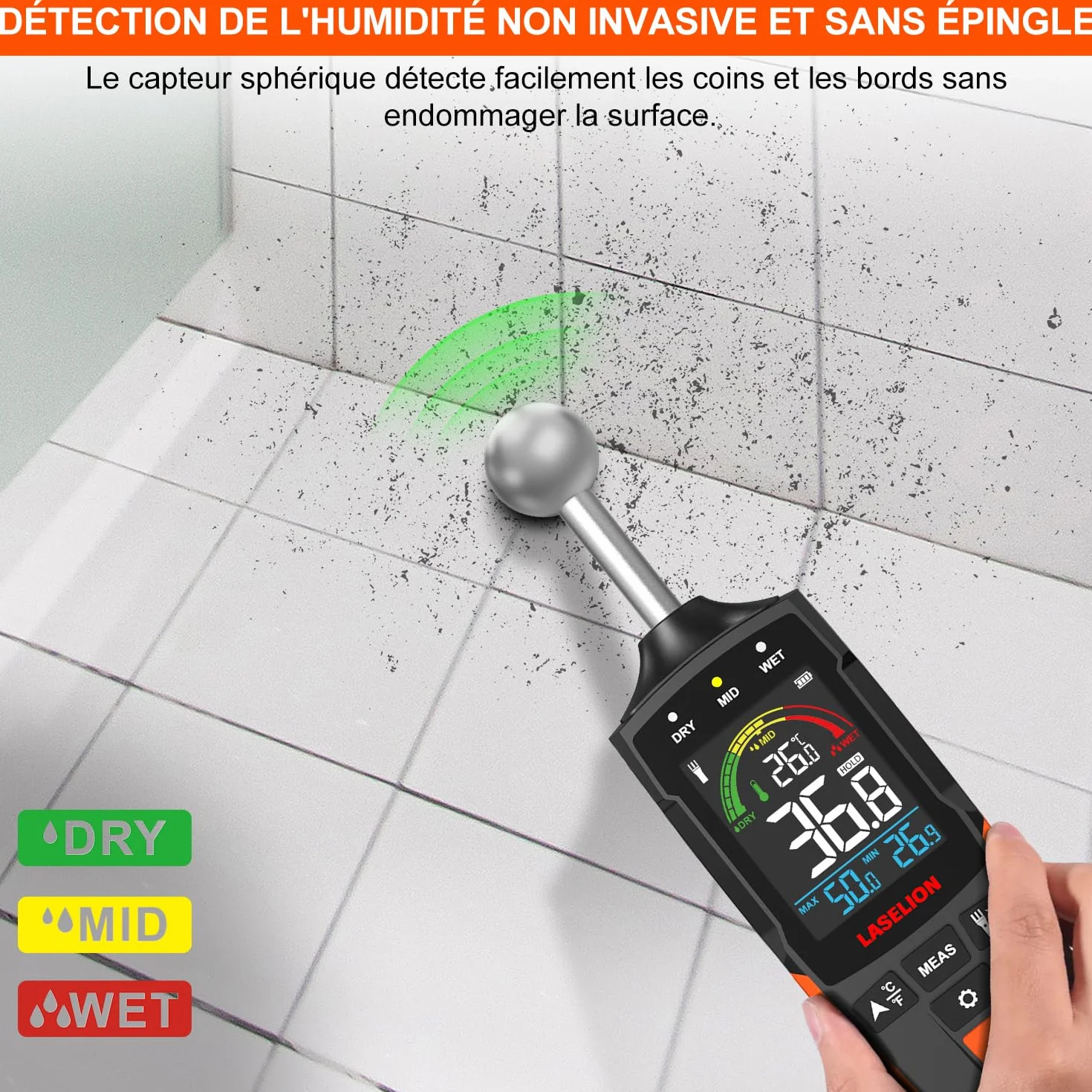 Testeur Humidité Mural MS04 Capteur Sphérique Mesures Non Destructeur Bois Murs Matériaux Construction Alarmes Personnalisables Affichage Température