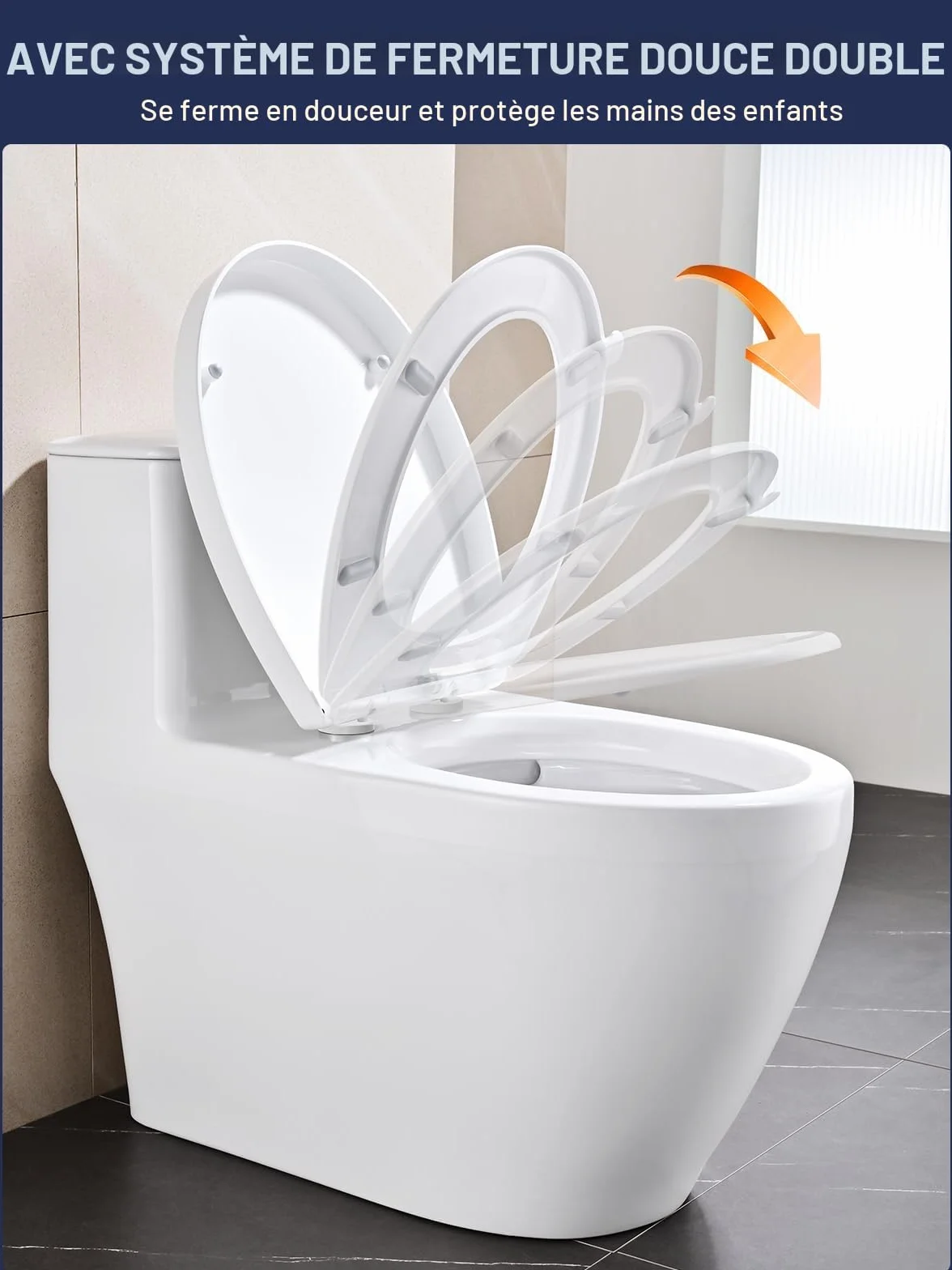Abattant WC Forme O YEAUPE PRO avec Frein de Chute, Fermeture en Douceur, Universelle, Blanc, 44,6 x 37,2 x 4,3 cm