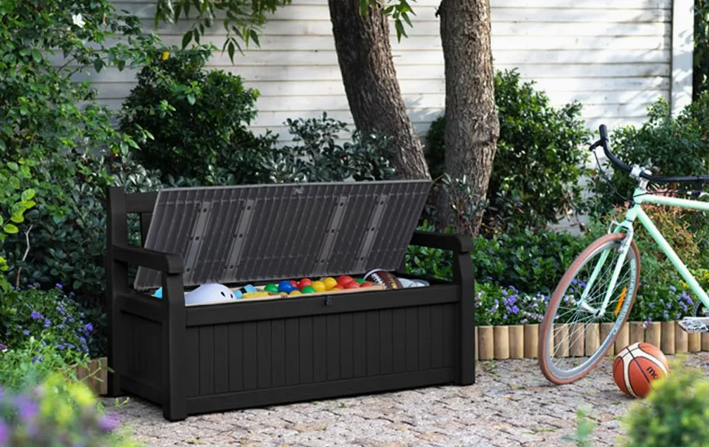 Keter Banc de Jardin avec Coffre de Rangement en resine texturée résistant aux intempéries, Banc de Rangement verrouillable, Gris