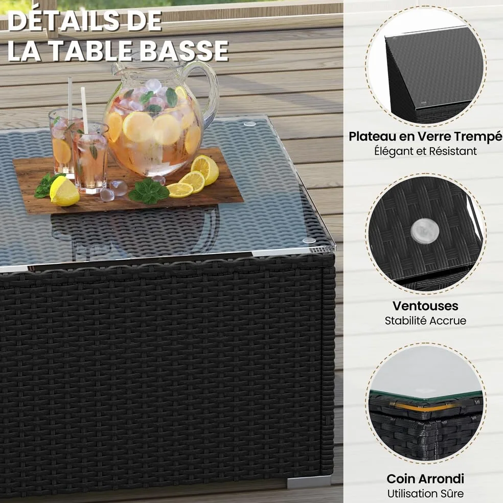 Yaheetech Salon de Jardin Exterieur 4 Personnes en Polyrotin Ensemble Mobilier de Jardin 5 Pièces avec 3 Canapé Modulables 1 Table Basse 1 Ottomane pour Balcon Bistro Patio Terrasse Noir/Beige