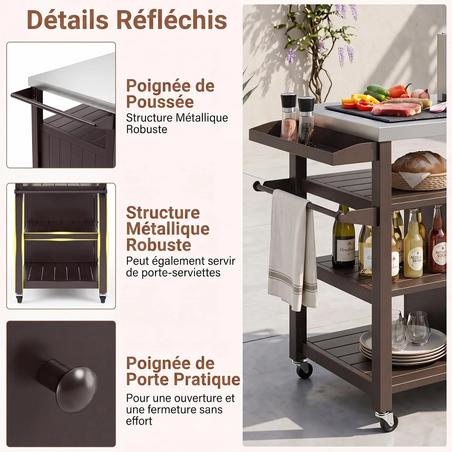 COSTWAY Chariot de Barbecue Extérieur Acier Inoxydable avec Rangement 116x50x87 cm