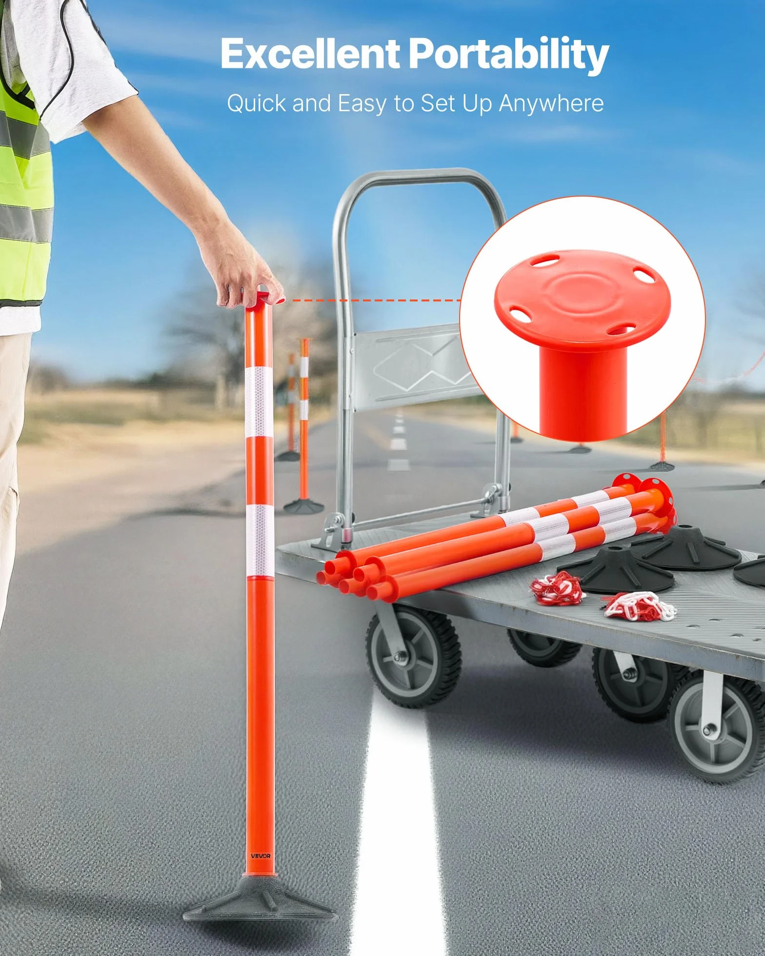 VEVOR Poteau de Signalisation 3PCs 87,1 cm, Balise Délimitation Base Lestée, Bandes Réfléchissantes Chaîne