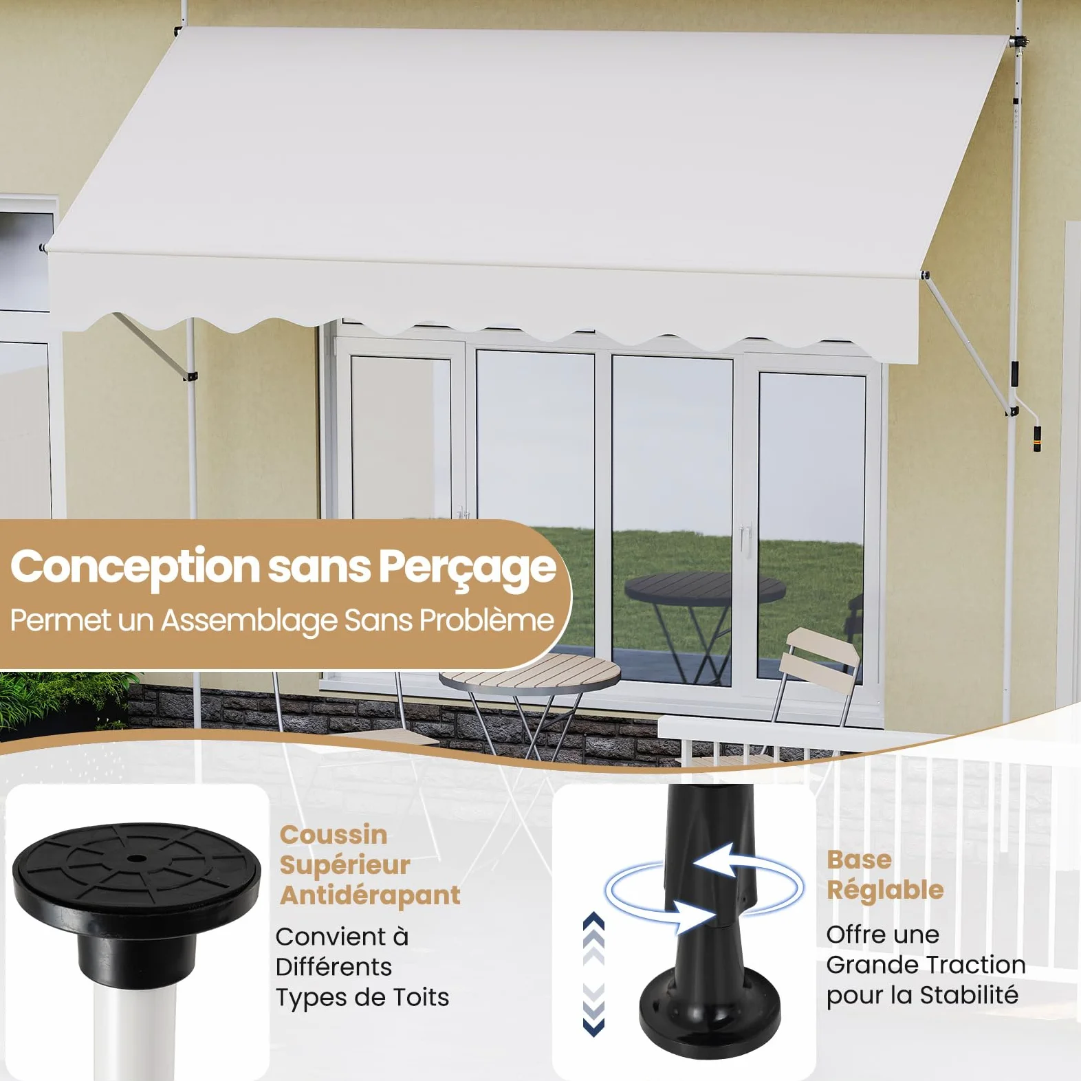 RELAX4LIFE Store Banne Manuel Rétractable avec Manivelle | Auvent Rétractable Résistant aux UV, Imperméable | Hauteur&Angle Réglable | Store Banne sans Percage pour Balcon, Terrasse (3x1,8 M,Blanc)