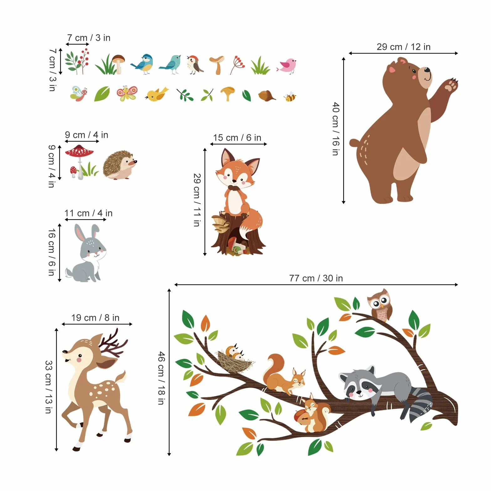 Autocollant Mural Animaux Forêt Arbre Branche Ours Renard Cerf Décoration Murale Bébé Chambre Enfants