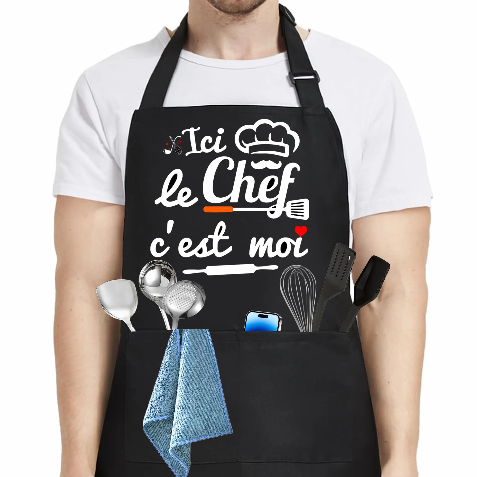Tablier Cuisine Homme, Noir Personnalisé Imperméable Tablier de Cuisine Homme Humour, Réglable Tablier Barbecue Homme für Cadeau Fete Des Peres Saint Valentin Noel Papa