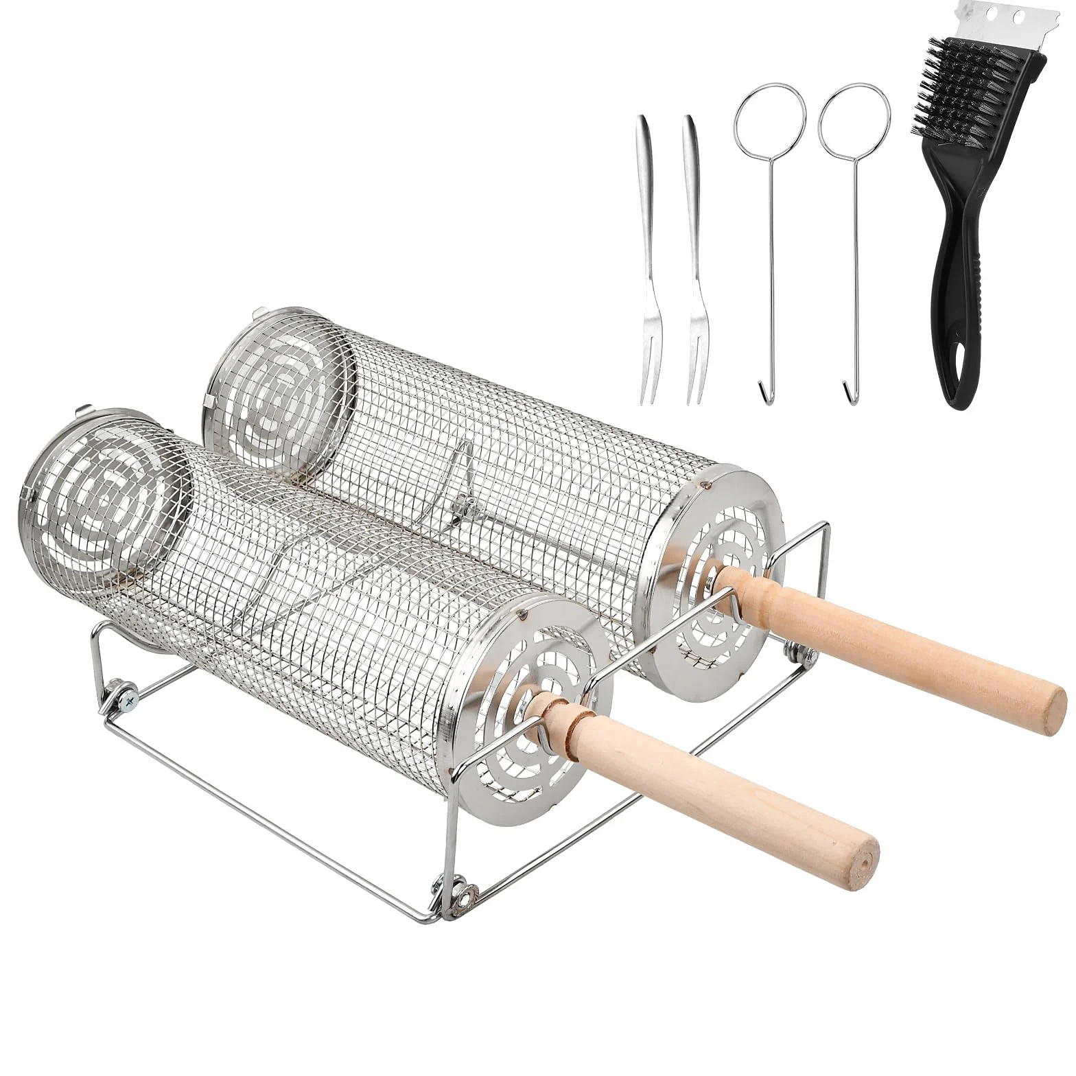 2 Pcs Set Barbecue 30cm 29cm, Upgrade Opening, Grille Barbecue Ronde Acier Inoxydable avec 2 Poignée Amovible Bois, 2 Crochets, 2 Fourchettes, Brosse, Supports, Panier Cuisson pour Accessoires Viande