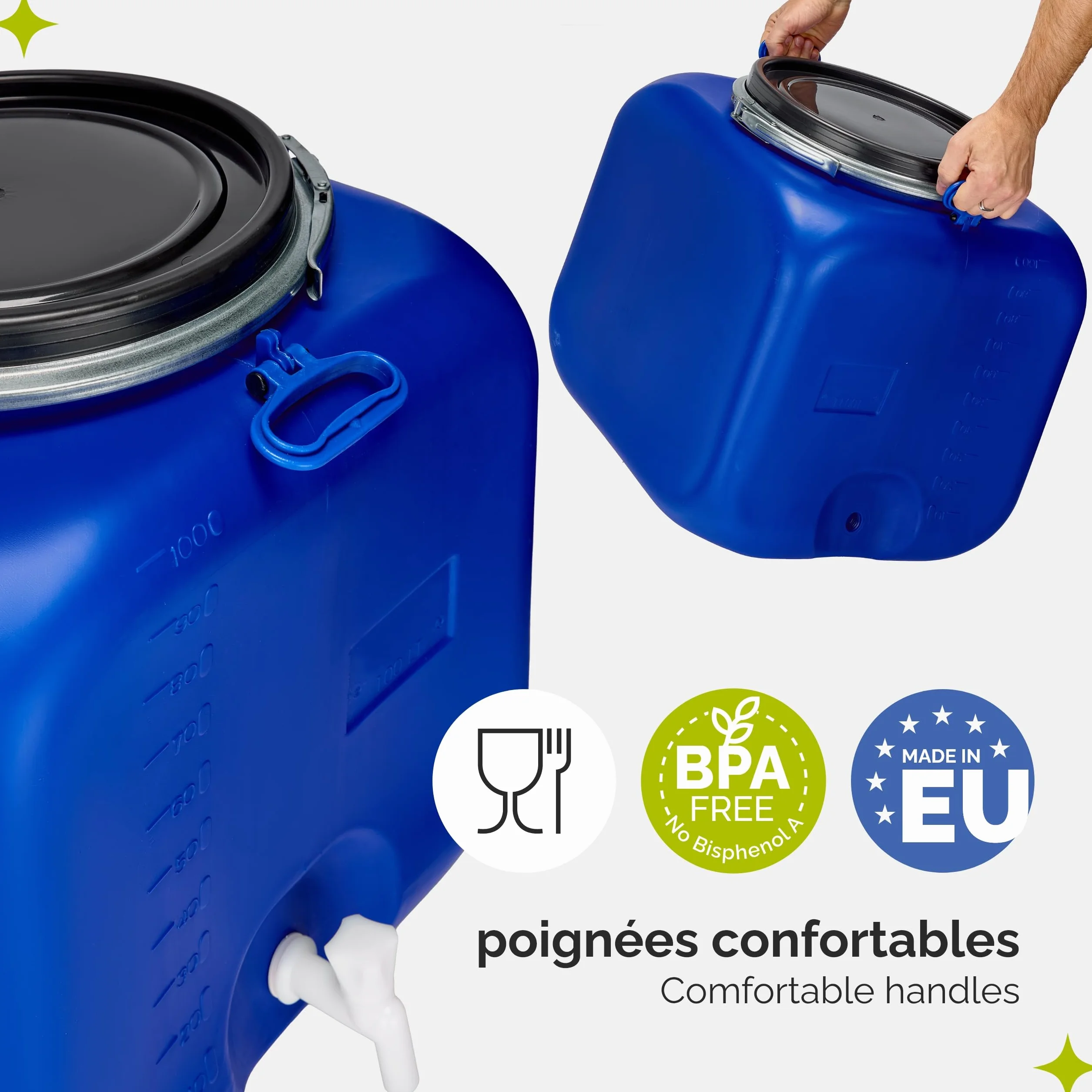 Garronda Récupérateur d'eau de Pluie Carré 100 litres sans BPA avec Robinet et Couvercle Bleu