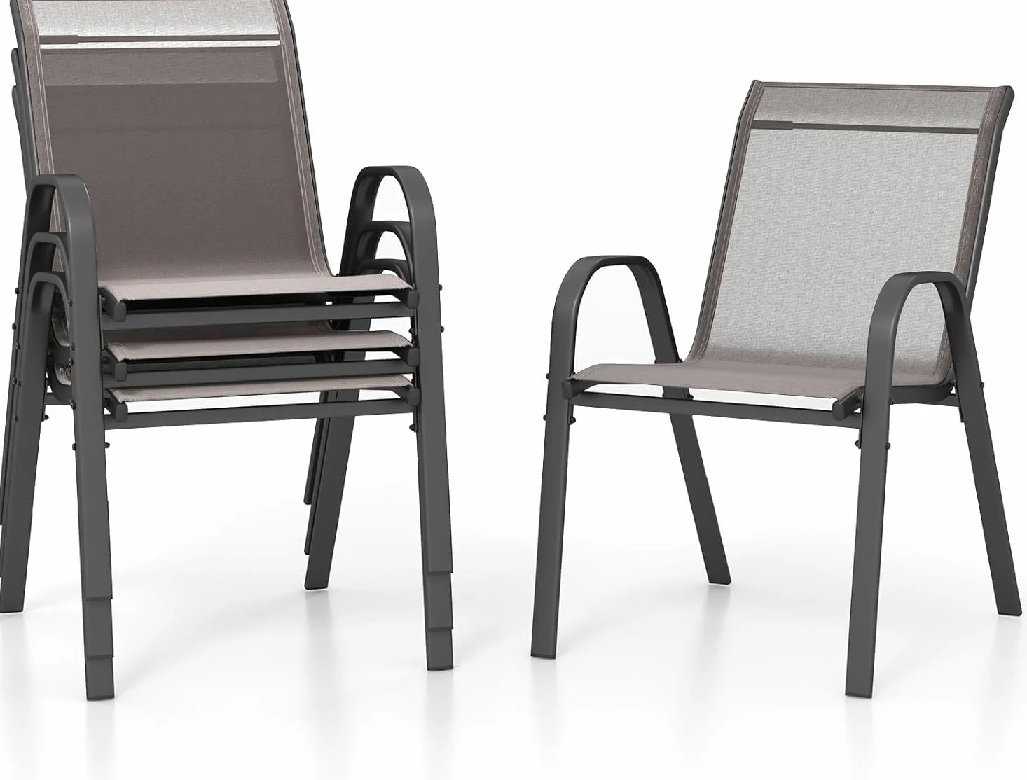 COSTWAY Lot de 2/4 Chaises de Jardin Exterieures avec Cadre en Métal, Chaise de Salle à Manger Empilable en Tissu Respirant, Fauteuil d'Extérieur pour Cour, Balcon, Piscine, Charge 150 KG (Gris,4)