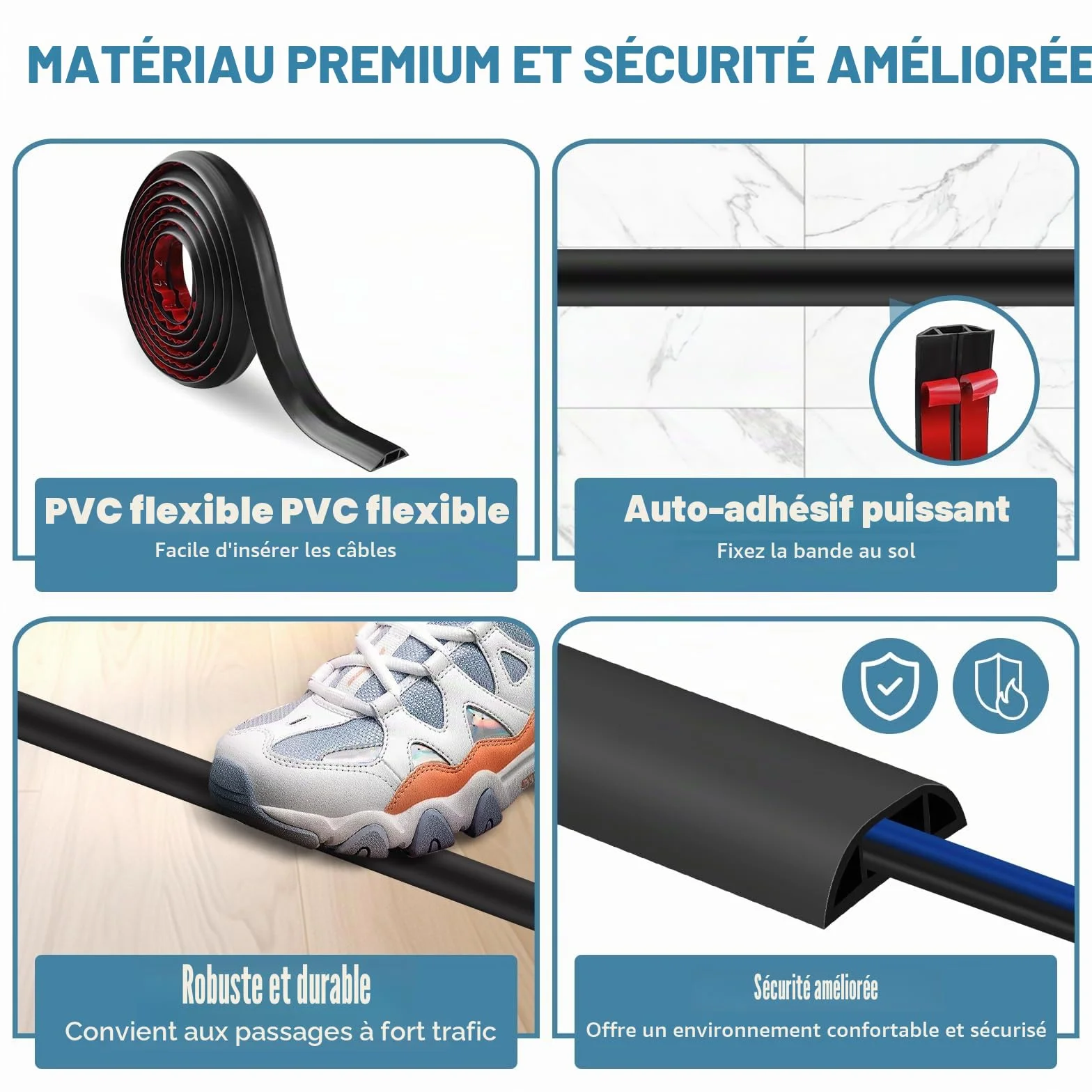 Passe-câbles autocollant 3 m PVC flexible Protection câbles Prévention trébuchements Blanc