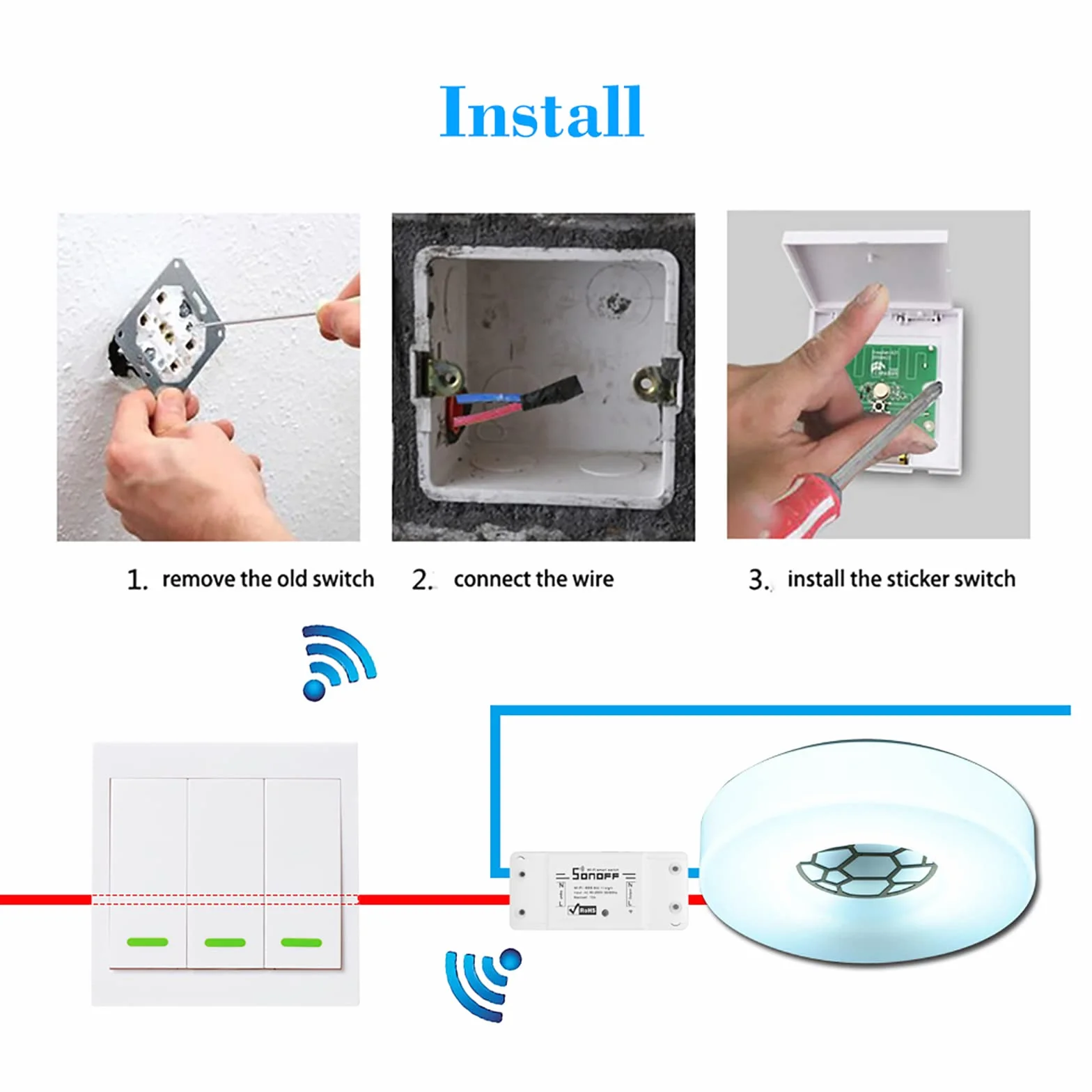 eWeLink Interrupteur Mural à Bouton-Poussoir 3 Gangs Type 86 433 MHz Télécommande sans Fil