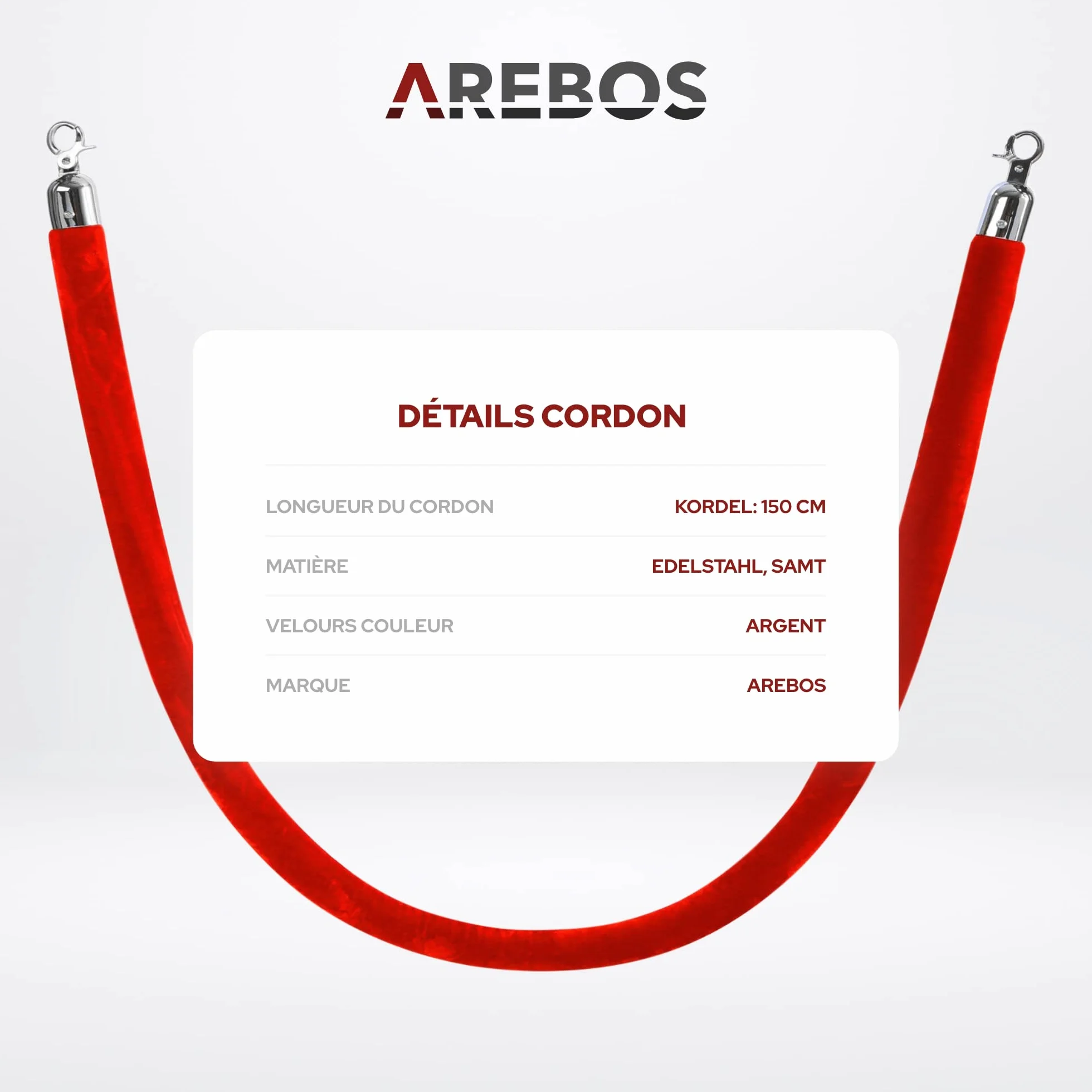 Corde de Barrière Arebos 1.5m Rouge avec Crochets Argentés pour Contrôle des Foules