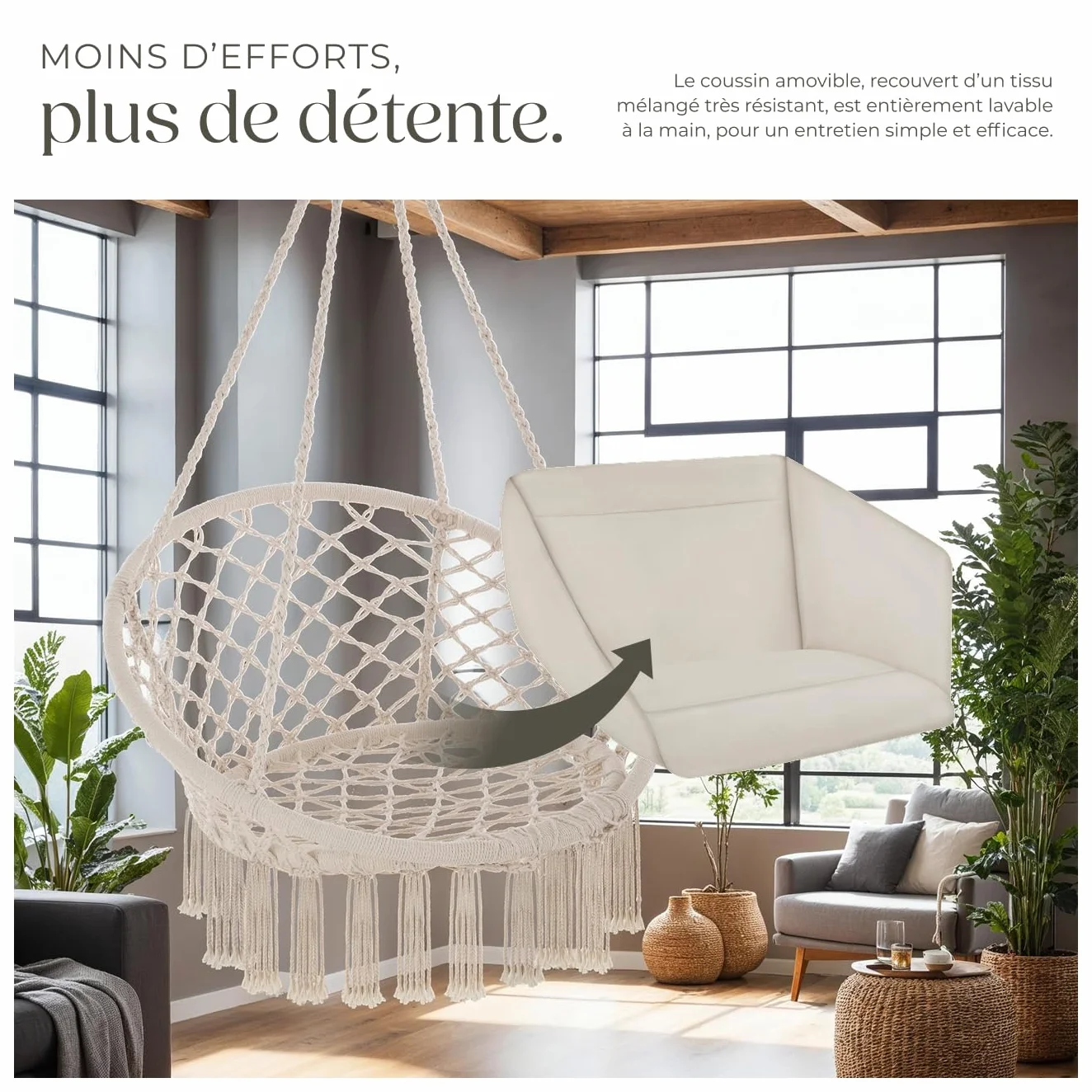 Tectake Fauteuil Suspendu Relax Design Intérieur Extérieur 1 Place Coussin XXL Moelleux Inclus Beige