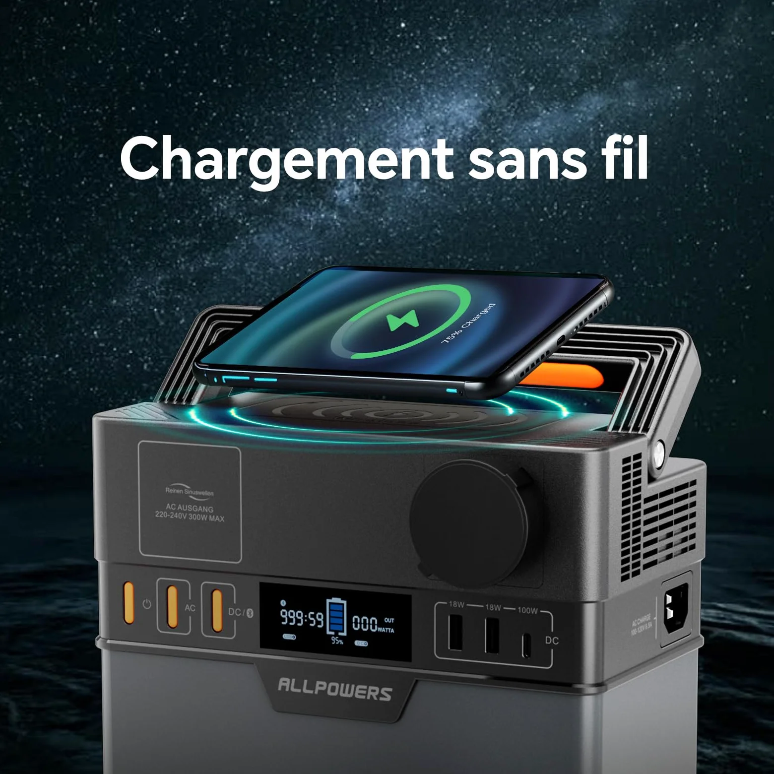 ALLPOWERS S300 Station électrique portable 288Wh avec sortie CA 300W et USB-C 100W, fonction UPS ultra-silencieuse 30 dB, générateur solaire à charge rapide 1 heure pour camping, voyage, urgence