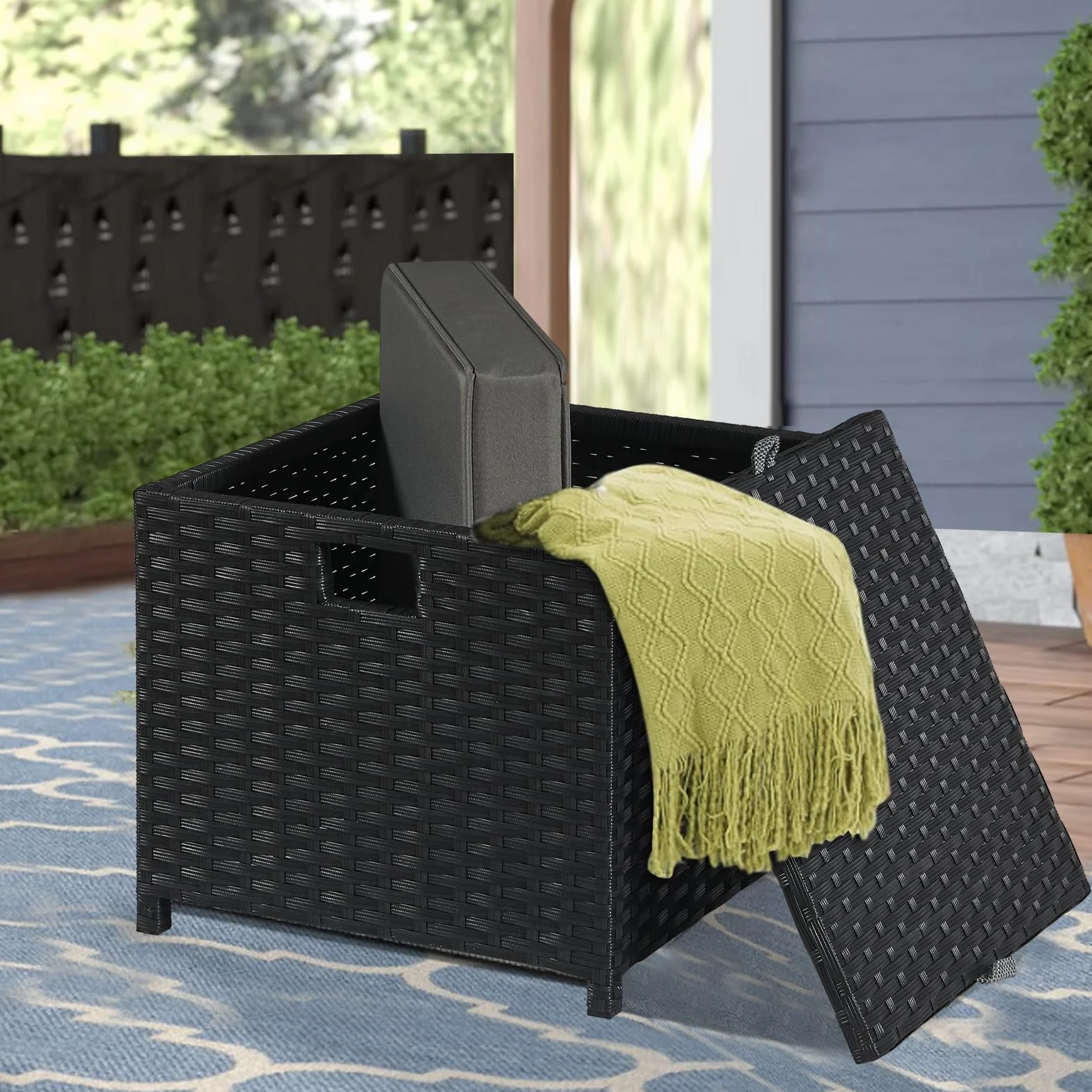 YIYAN Lot de 2 repose-pieds d'extérieur en rotin synthétique avec rangement pour toutes les saisons avec coussin amovible (gris)