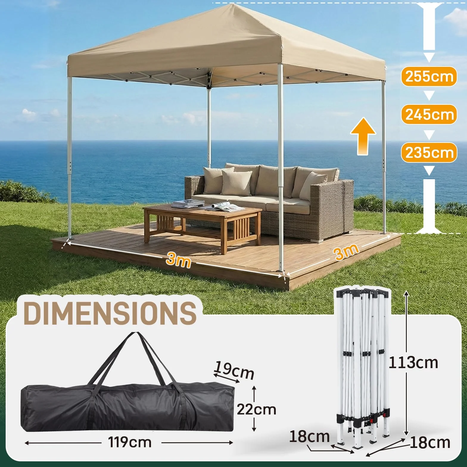 LEADZM Tonnelle Pliable 3x3 m Imperméable Anti-UV 50+, Hauteur Ajustable avec 4 Moustiquaires, Structure Stable, pour Jardin, Terrasse, Camping Et Usage Professionnel,Kaki