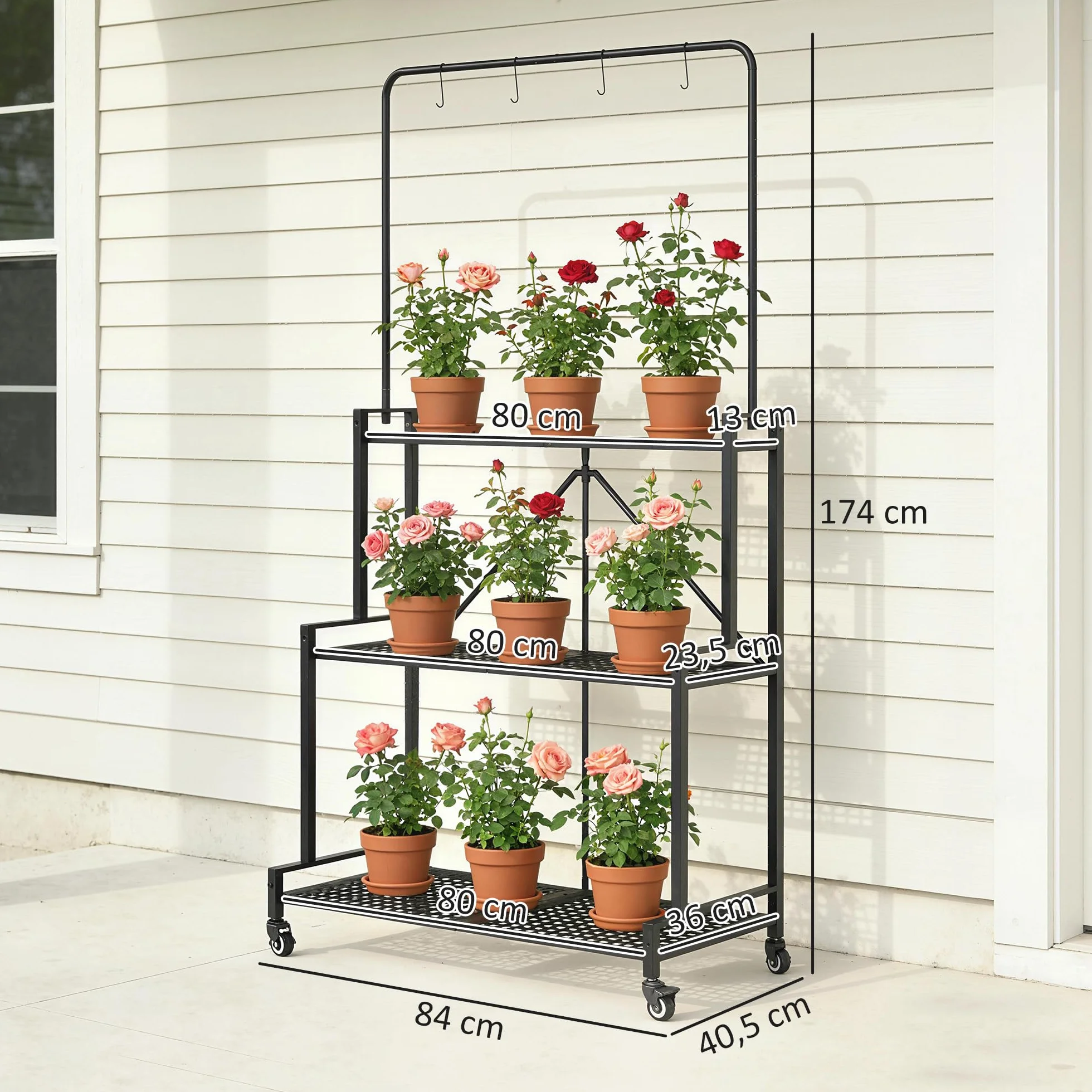 Outsunny Étagère à Fleurs Pliable Métal 3 Niveaux avec Roulettes et 4 Crochets Intérieur Extérieur Noir