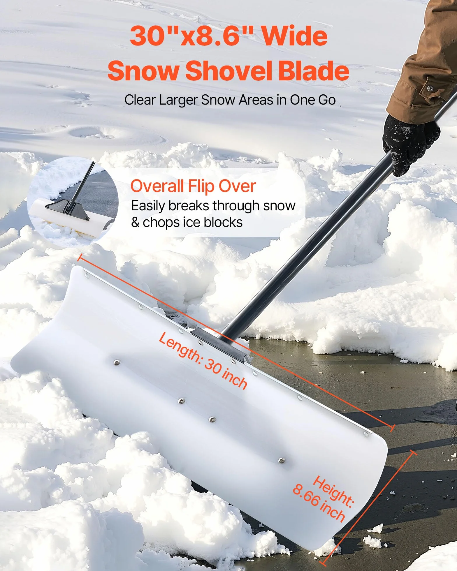 VEVOR Pelle à Neige 76,2 cm Poussoir à Neige Lame PEHD Manche Segmenté Déneigement