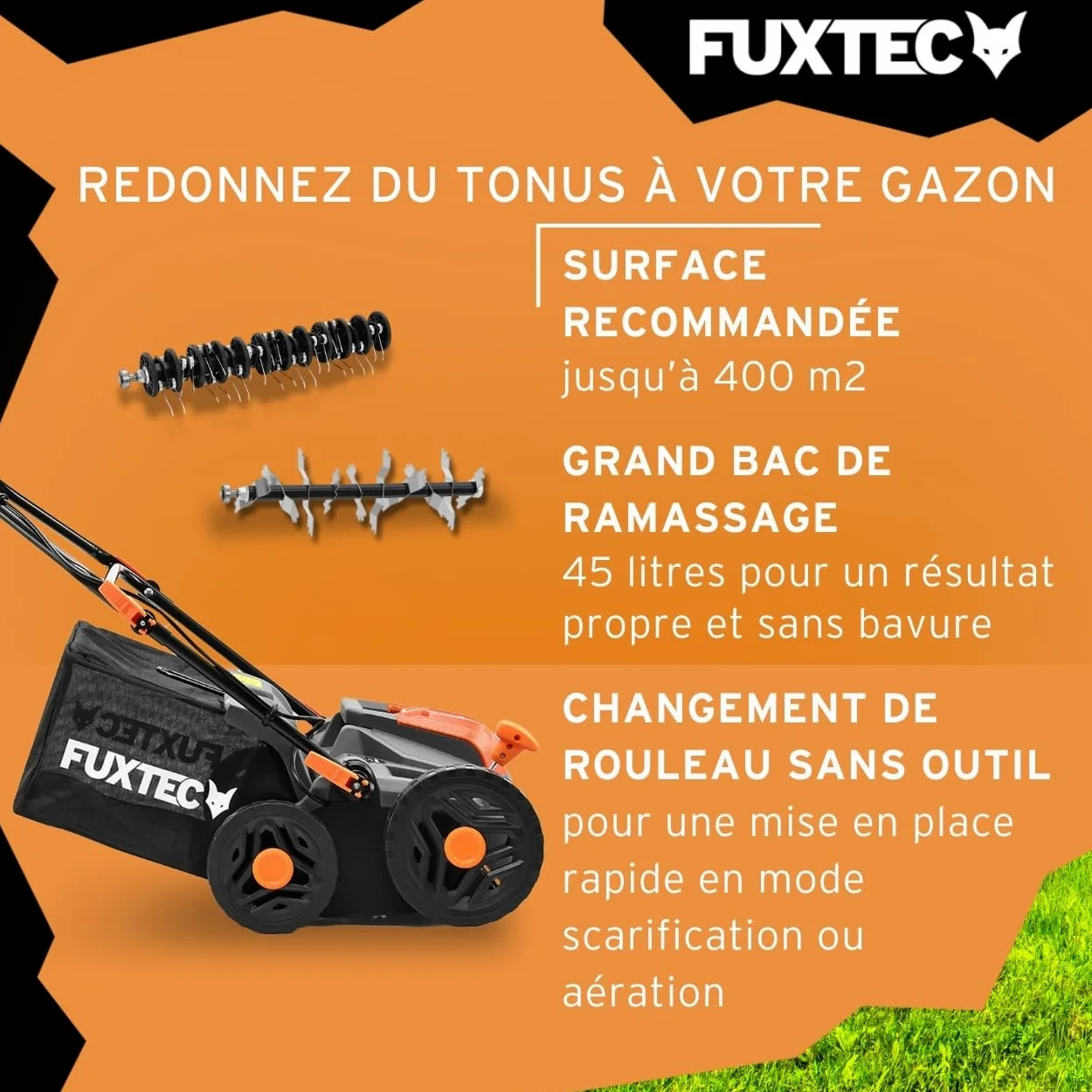 FUXTEC Aérateur à batterie 40 V FX-E2VE38SET - 2 en 1 Aérateur et Scarificateur, Largeur 38 cm, Panier 45 L, 2 piles incluses