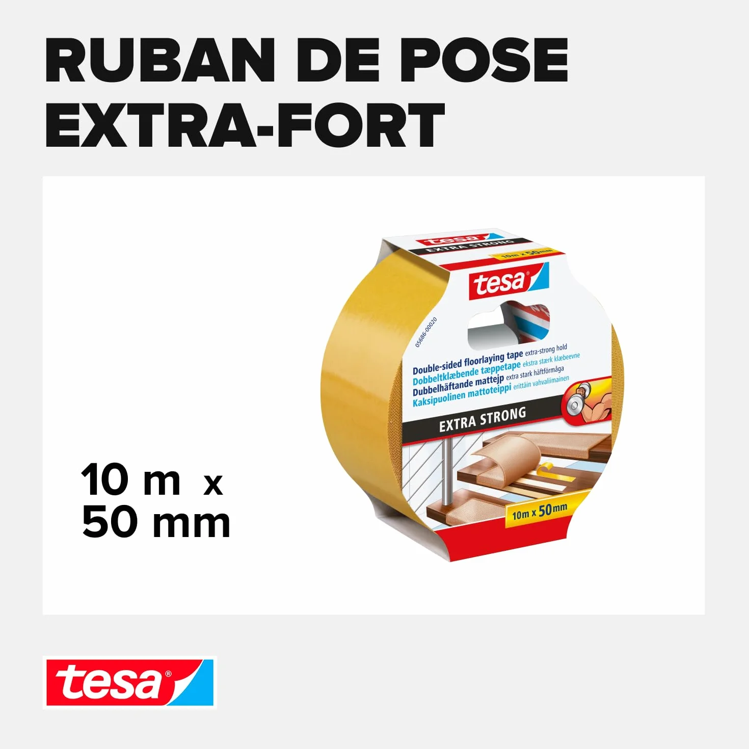 tesa Ruban Adhésif Double Face Fixation Sols Irréguliers Auto-Adhésif Antidérapant Moquette PVC 10 m x 50 mm
