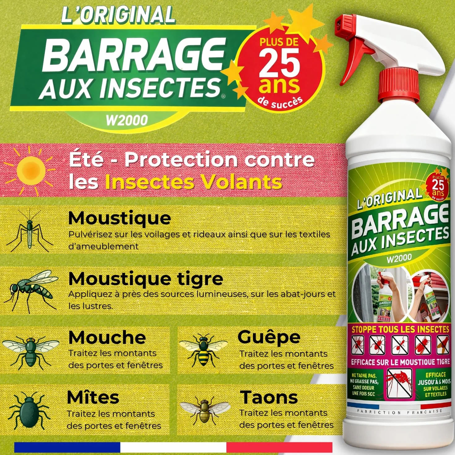 Barrage aux Insectes 3x1L avec 3 Bouchons de sécurité et pulvérisateur