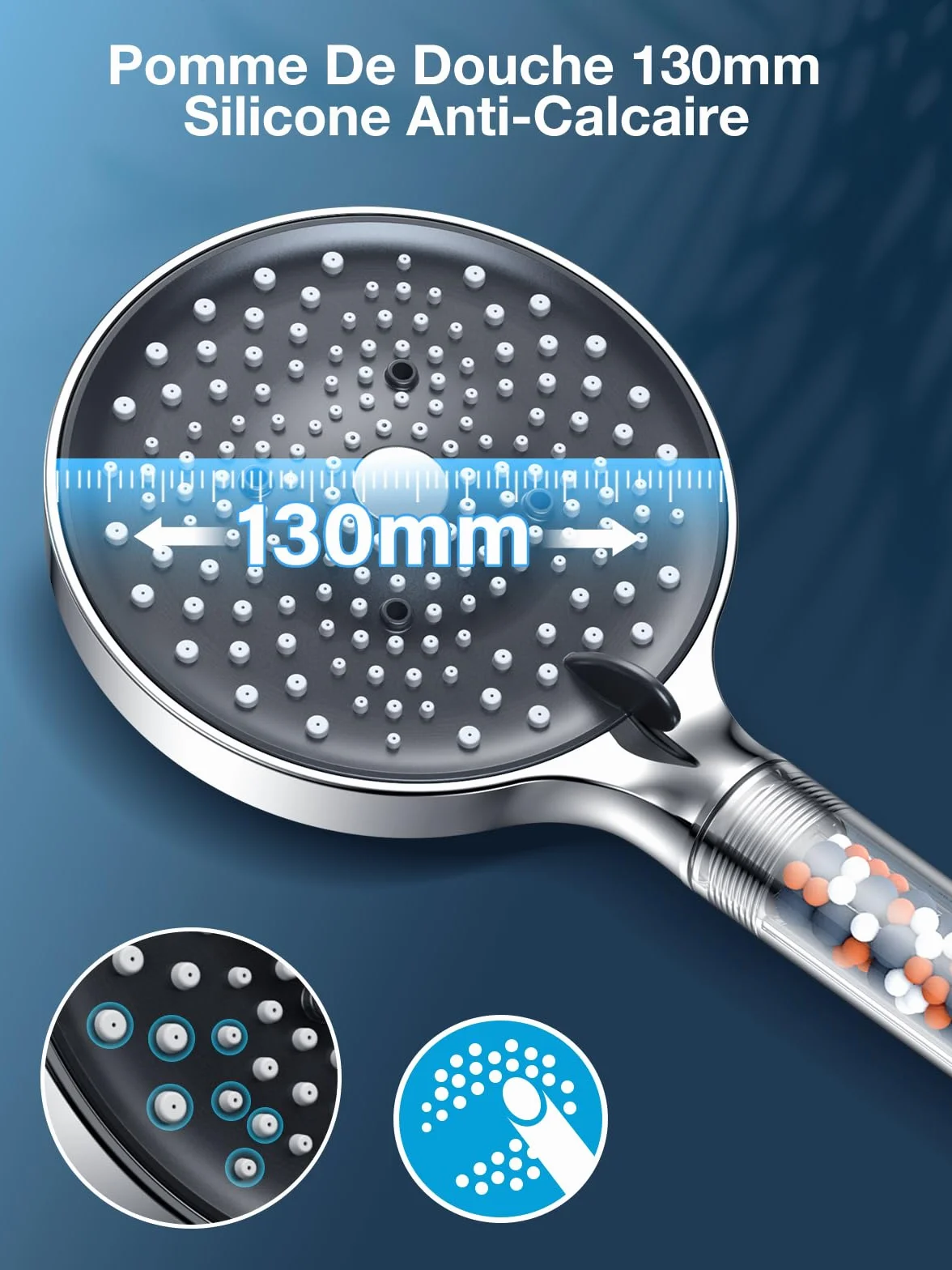 YEAUPE PRO Pommeau de Douche Anti calcaire Grand 130mm avec tuyau 1,6M, Haute Pression Chrome