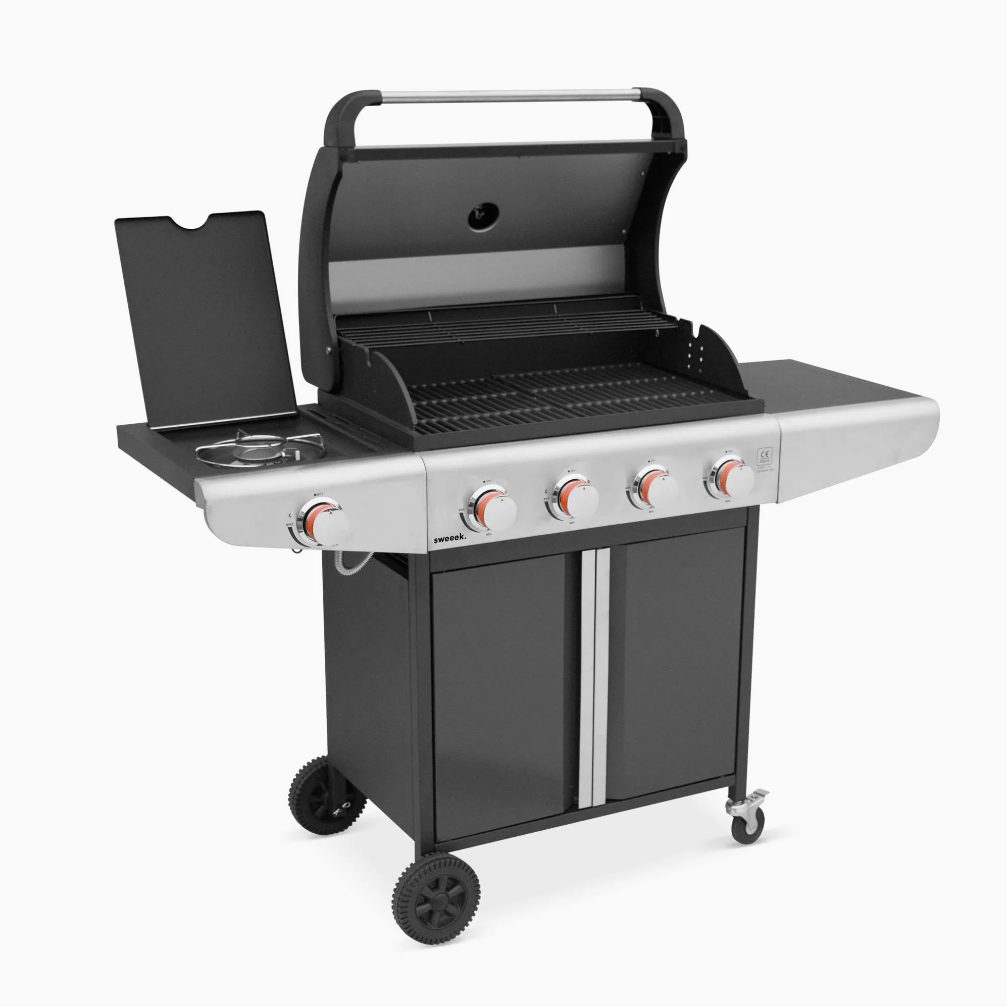 Alice's Garden - Barbecue au gaz - Bazin Gris anthracite - Cuisine extérieure 5 brûleurs dont 1 feu latéral avec tablettes et thermomètre. rangement. roues