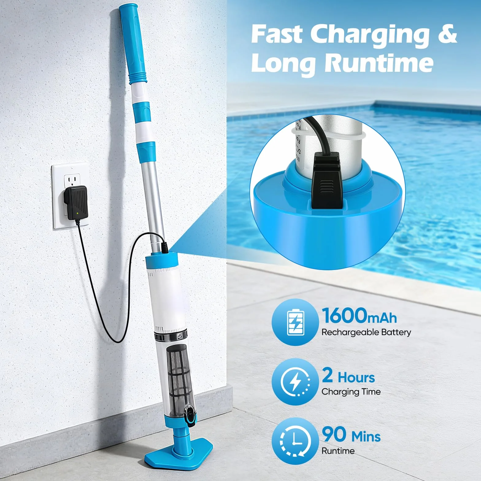 Aspirateur Piscine Rechargeable Nettoyeur avec Perche Télescopique 103.5–162.5cm Forte Aspiration 3 Têtes Piscines Hors‑Sol Enterrées Spas