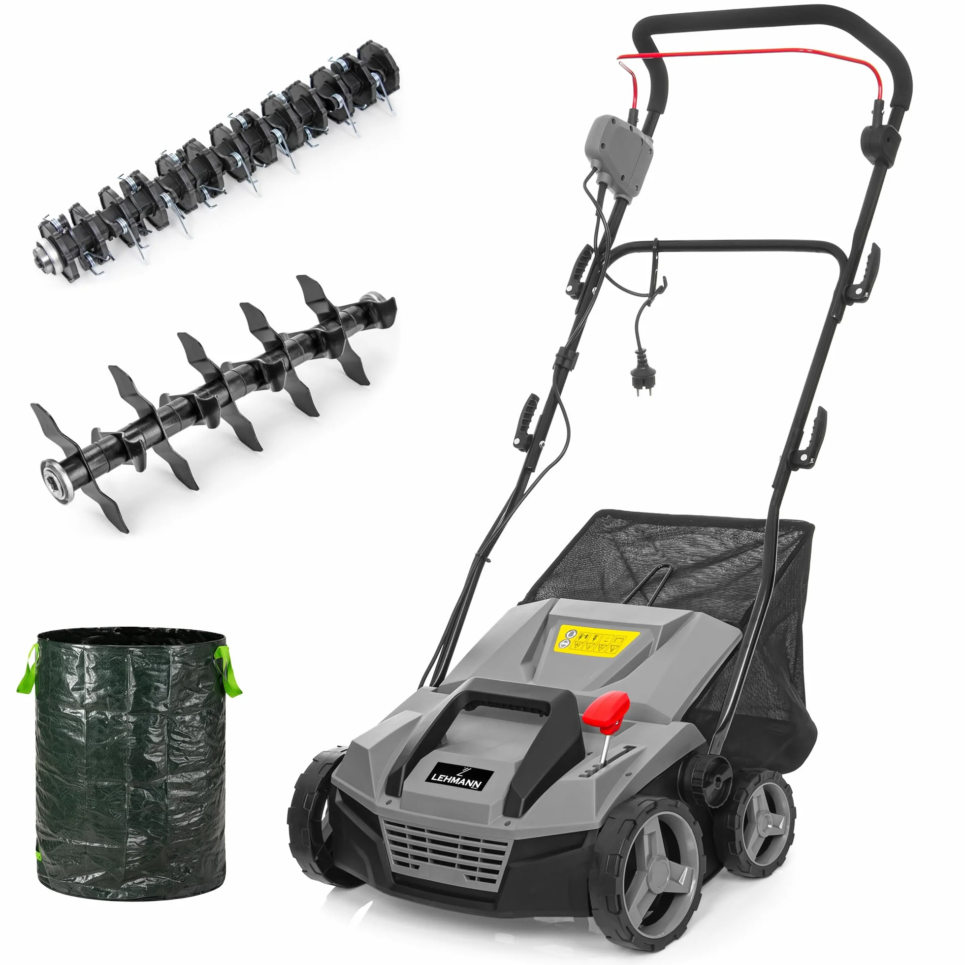 LEHMANN Scarificateur Électrique 2-en-1, 1800 W, Largeur de Travail 38 cm, Réglage de Profondeur sur 5 Niveaux, 3500 TR/Min, Bac 48 L, Rouleaux à 20 Lames et d’Aération, Gris